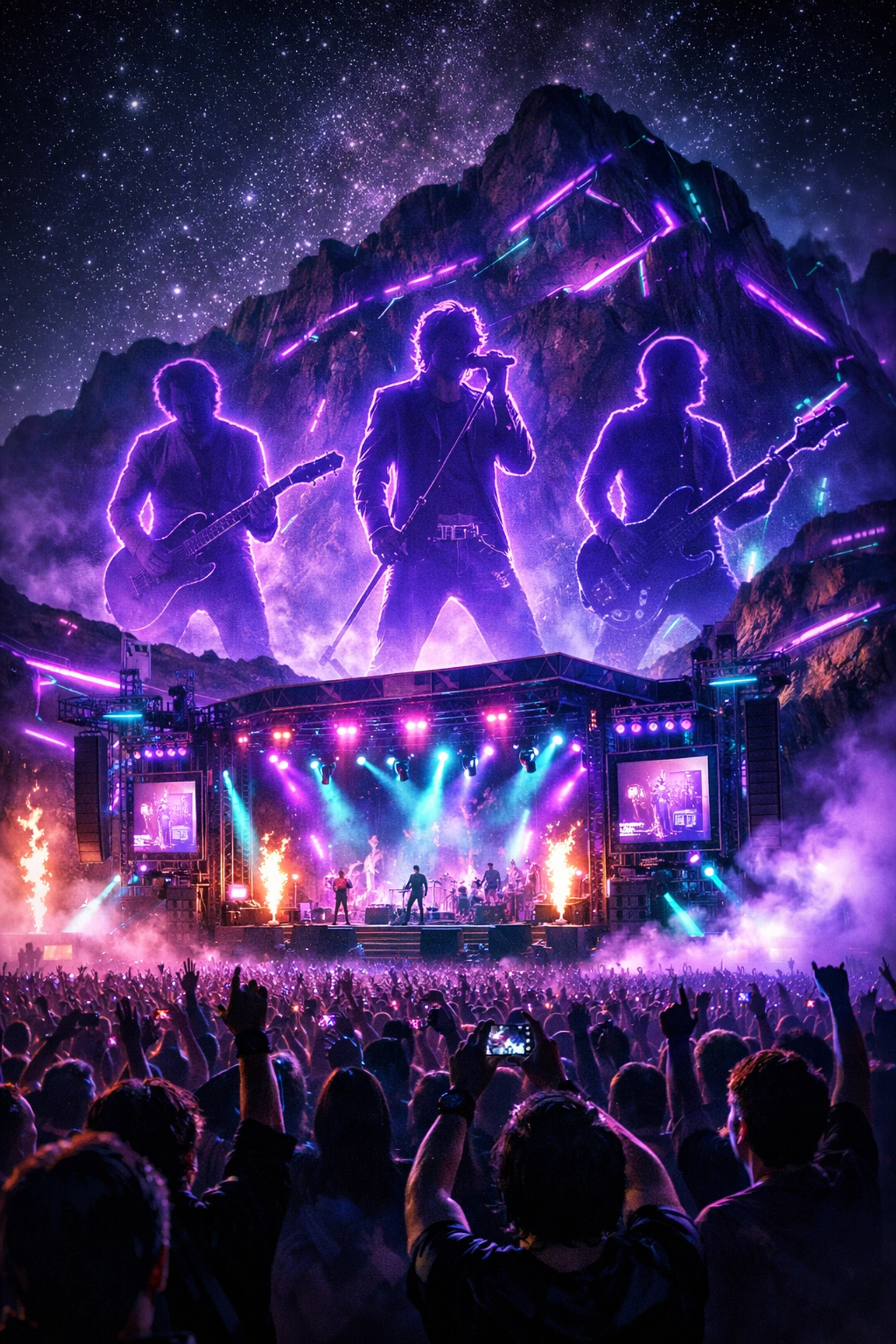 A futuristic concert stage with holographic band figures for the Gorillaz tour.