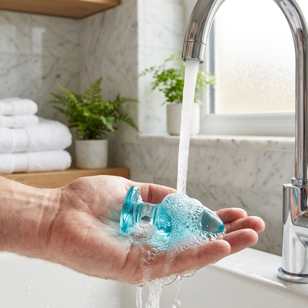 Washing a blue glass anal plug under running water for proper sex toy hygiene and preparation.