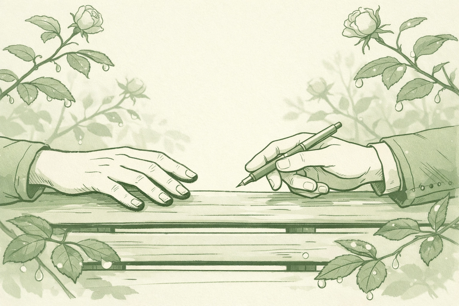 Gardener's soil-stained hand reaching toward teacher's hand across park bench - intimate MM connection