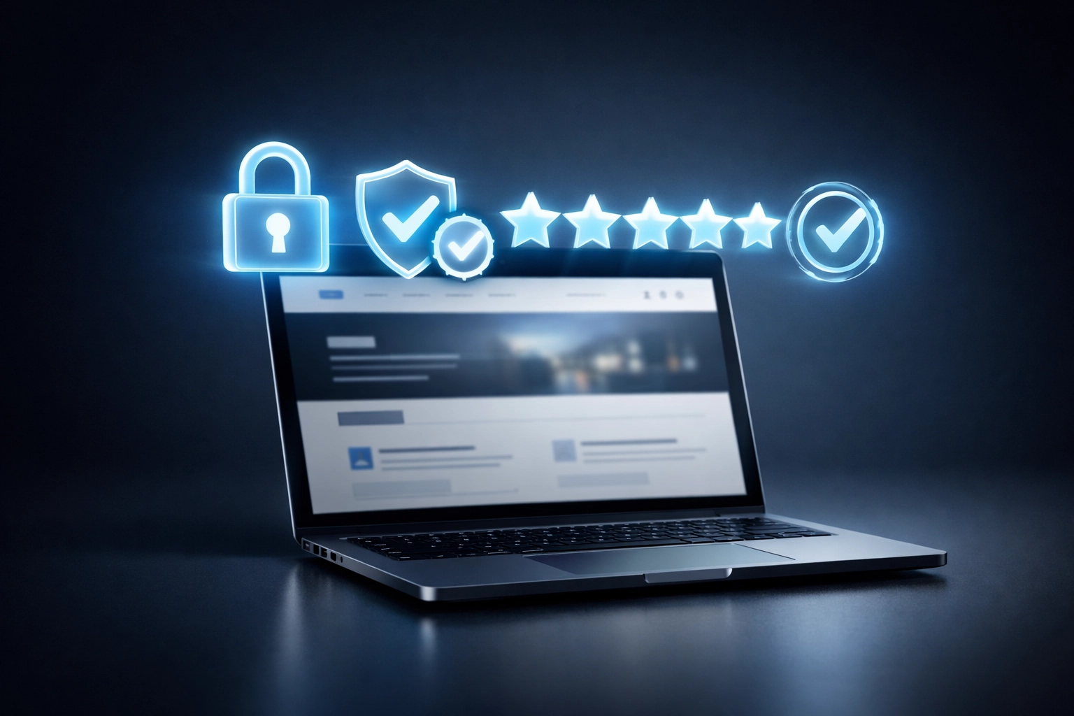 Website trust indicators including security badges and star ratings on laptop display