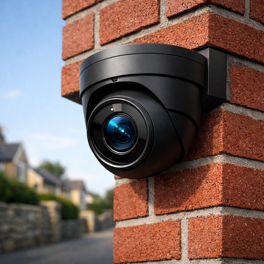 Professional installation of a matte black turret security camera for robust Melksham property protection.