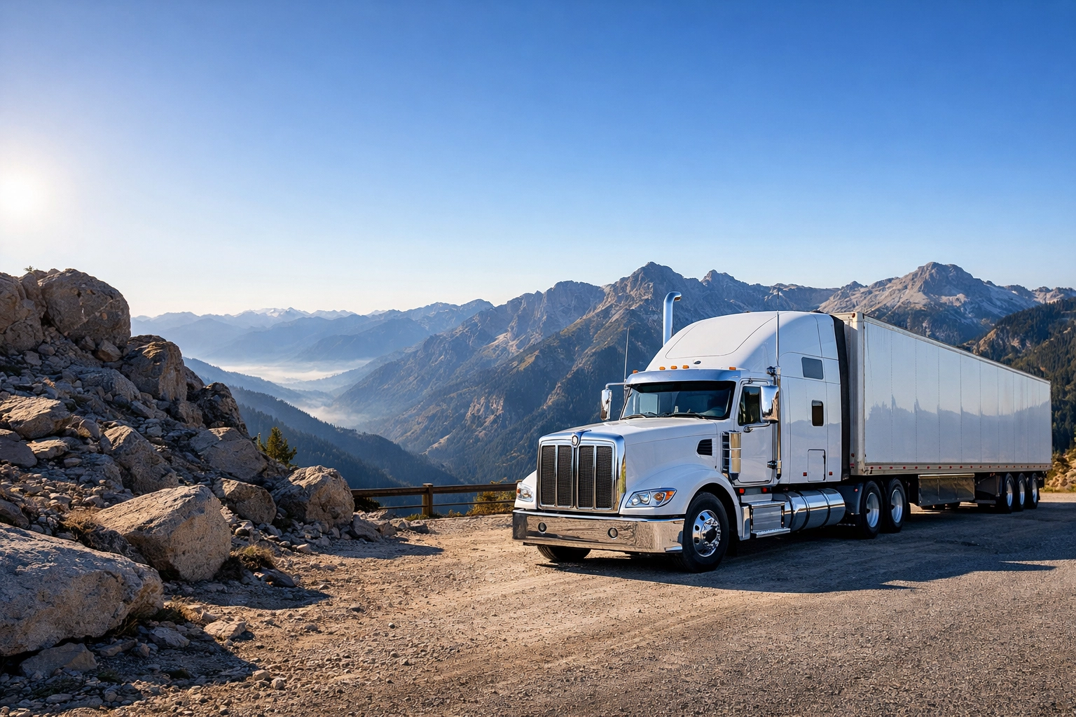 A white semi-truck parked at a remote mountain overlook representing internet dead zones for truckers.