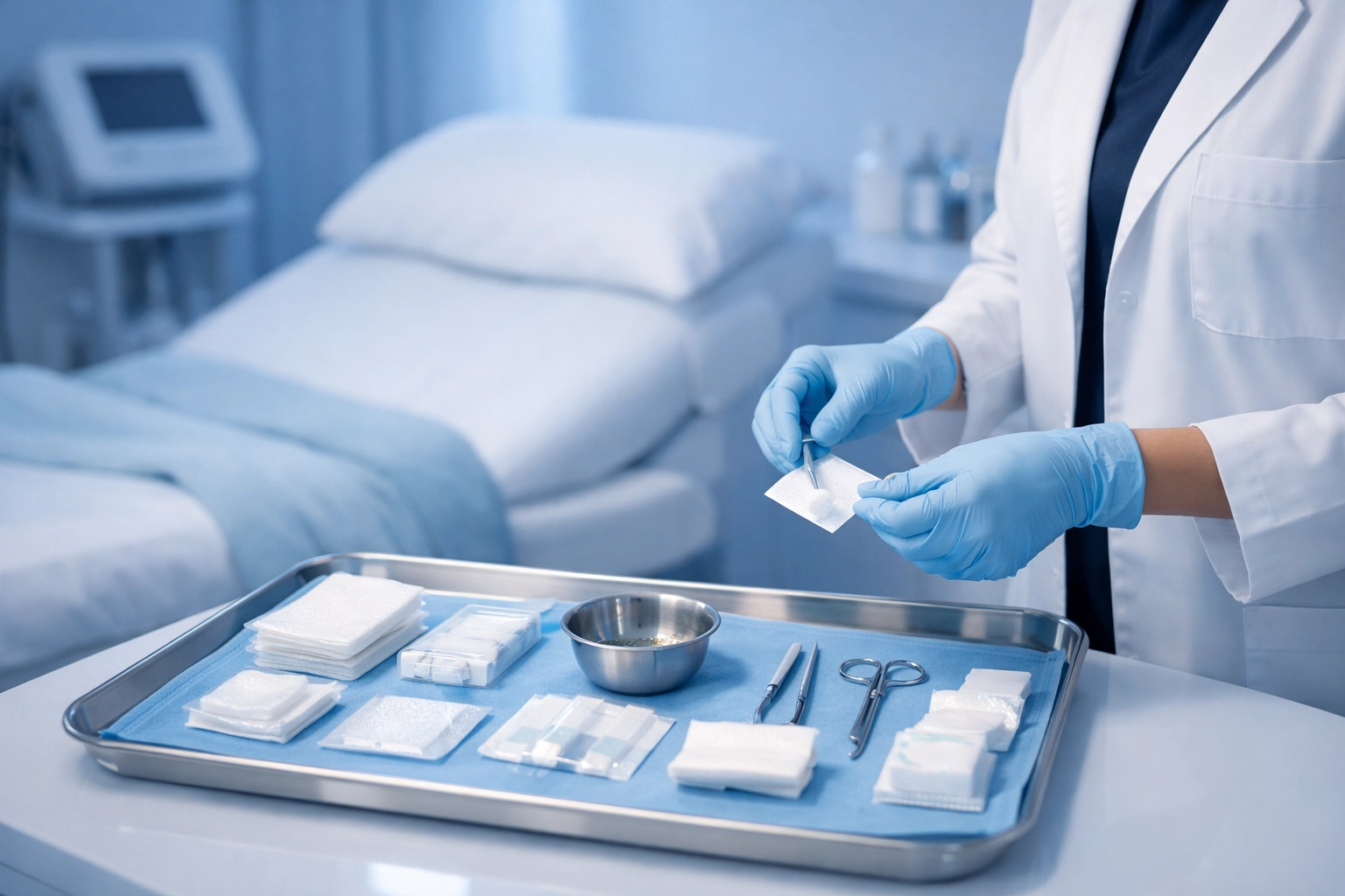 Post-procedure recovery in a modern dermatology treatment room with cool blue clinical lighting