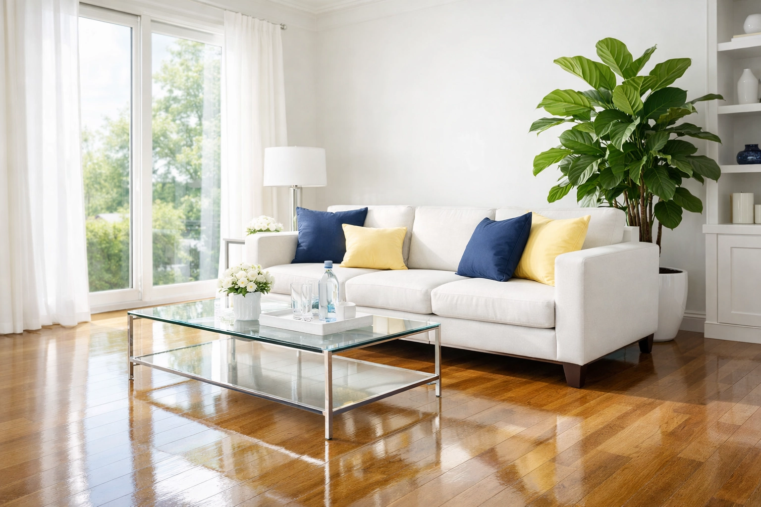 A bright living room with polished floors from professional house cleaning in Tyngsborough, MA for a healthy home.
