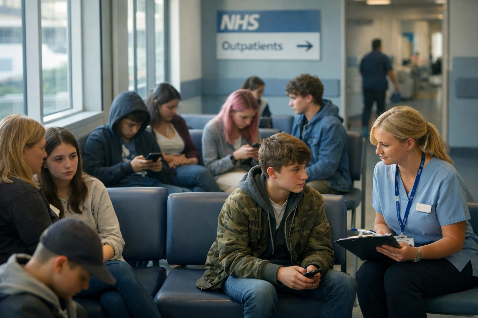 Young asthma patients in NHS waiting area during transition from pediatric to adult services