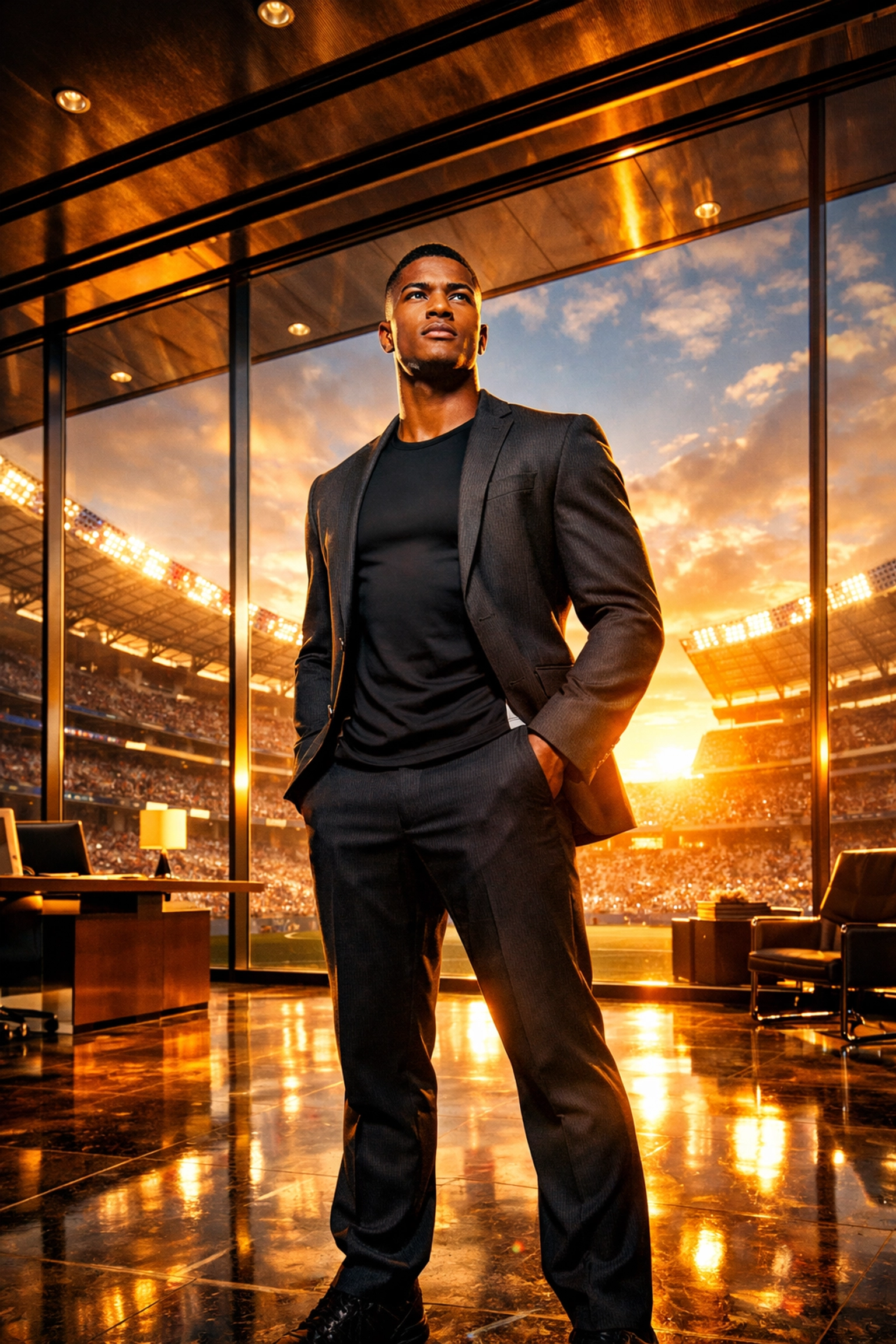 Professional student-athlete in an executive office overlooking a sports stadium representing NIL business success.