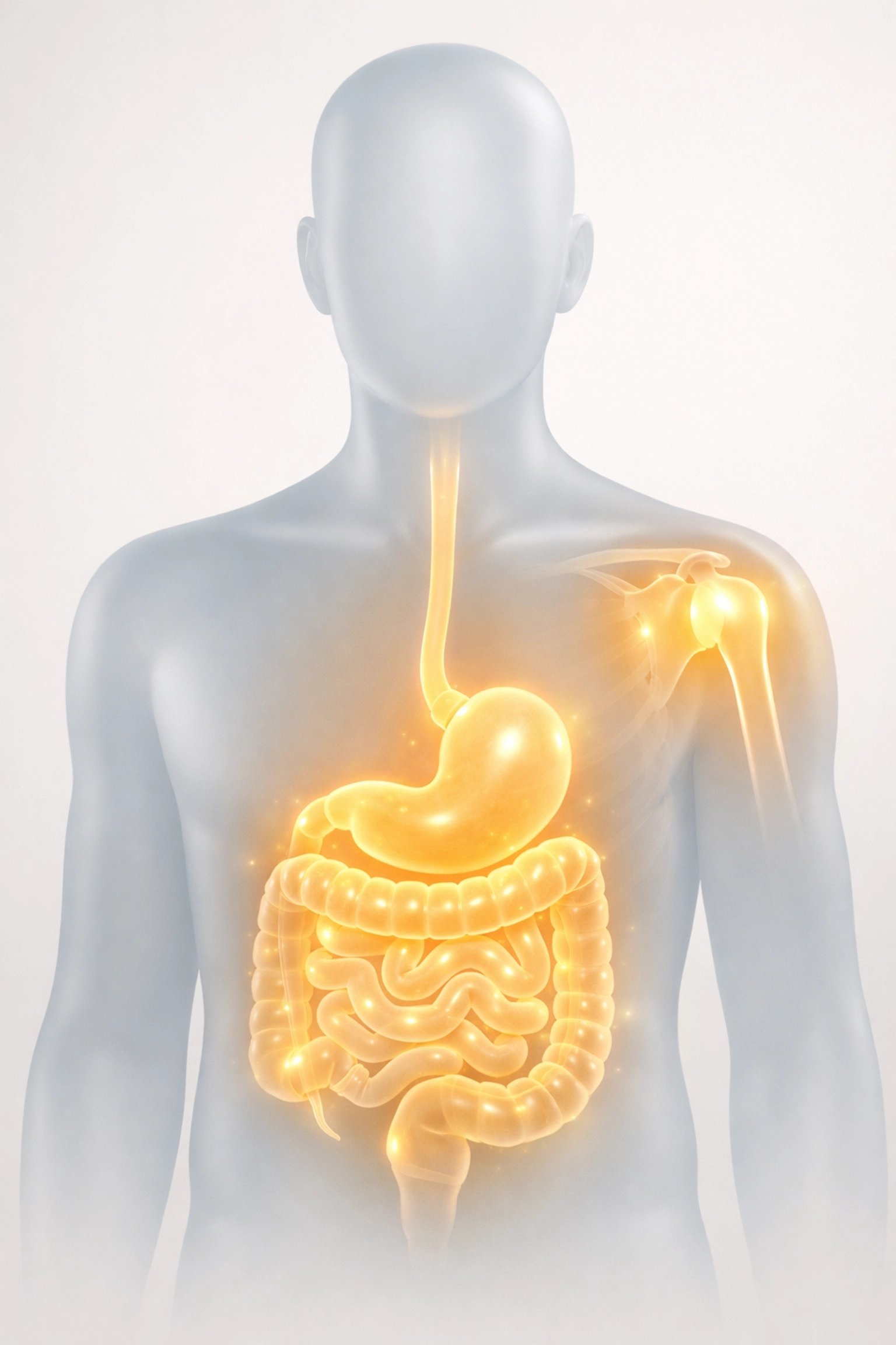 Illustration showing the systemic interaction between gut health and joint recovery pathways.