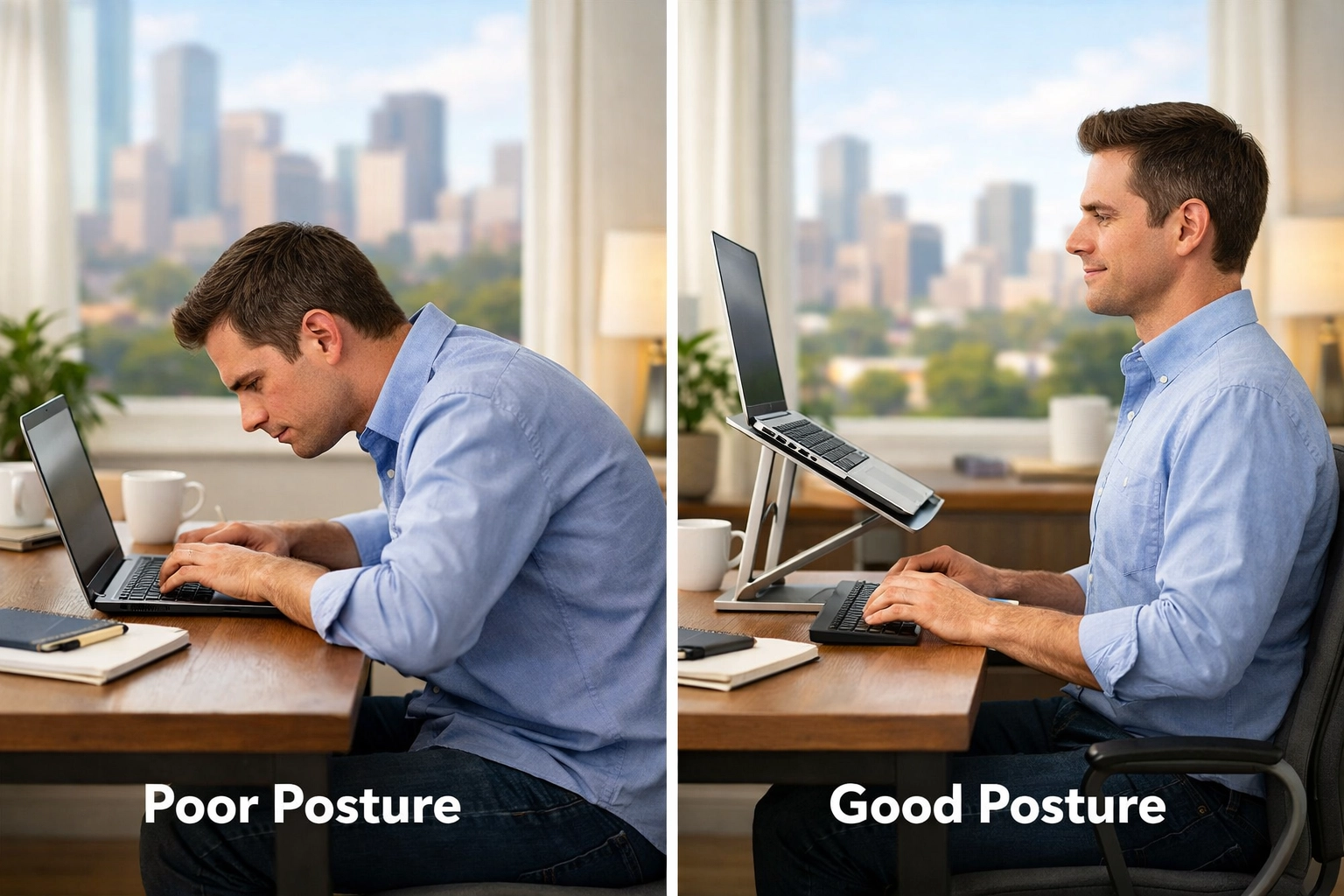 Side-by-side comparison of poor tech neck posture versus a healthy ergonomic desk setup in Houston.