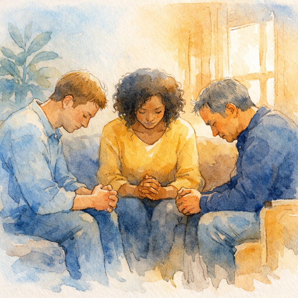 Small group of Christians praying together in living room showing faith community connection
