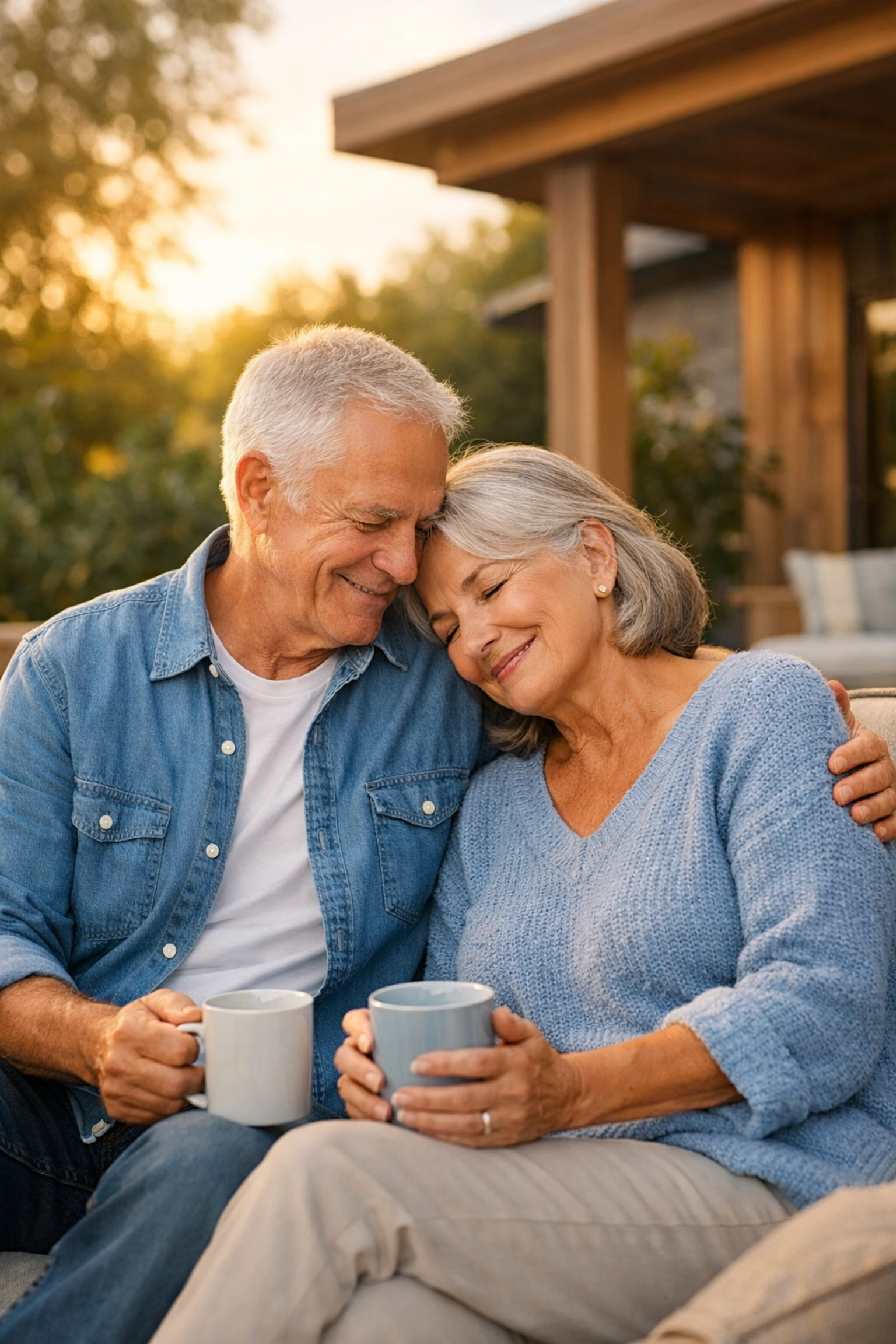 Elderly California couple relaxing on a patio, symbolizing the security of permanent whole life insurance.