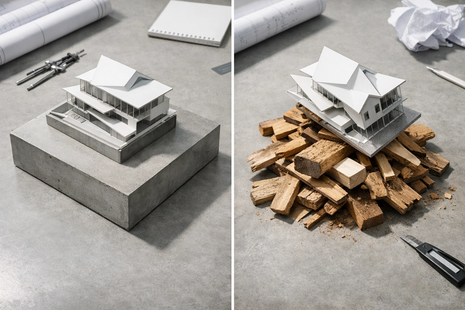 A solid concrete foundation vs a shaky base illustrating the impact of web hosting on business stability.