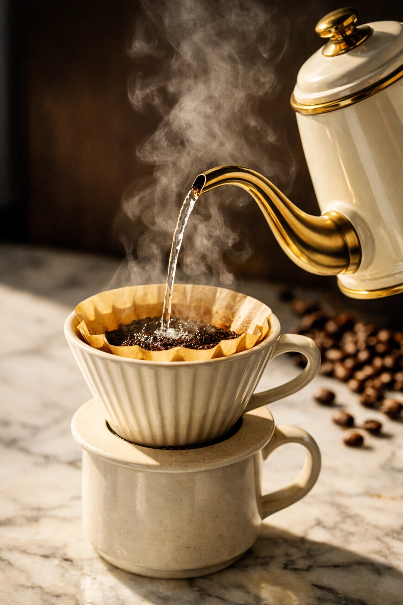 Pouring hot water into pour-over coffee dripper for optimal brewing temperature