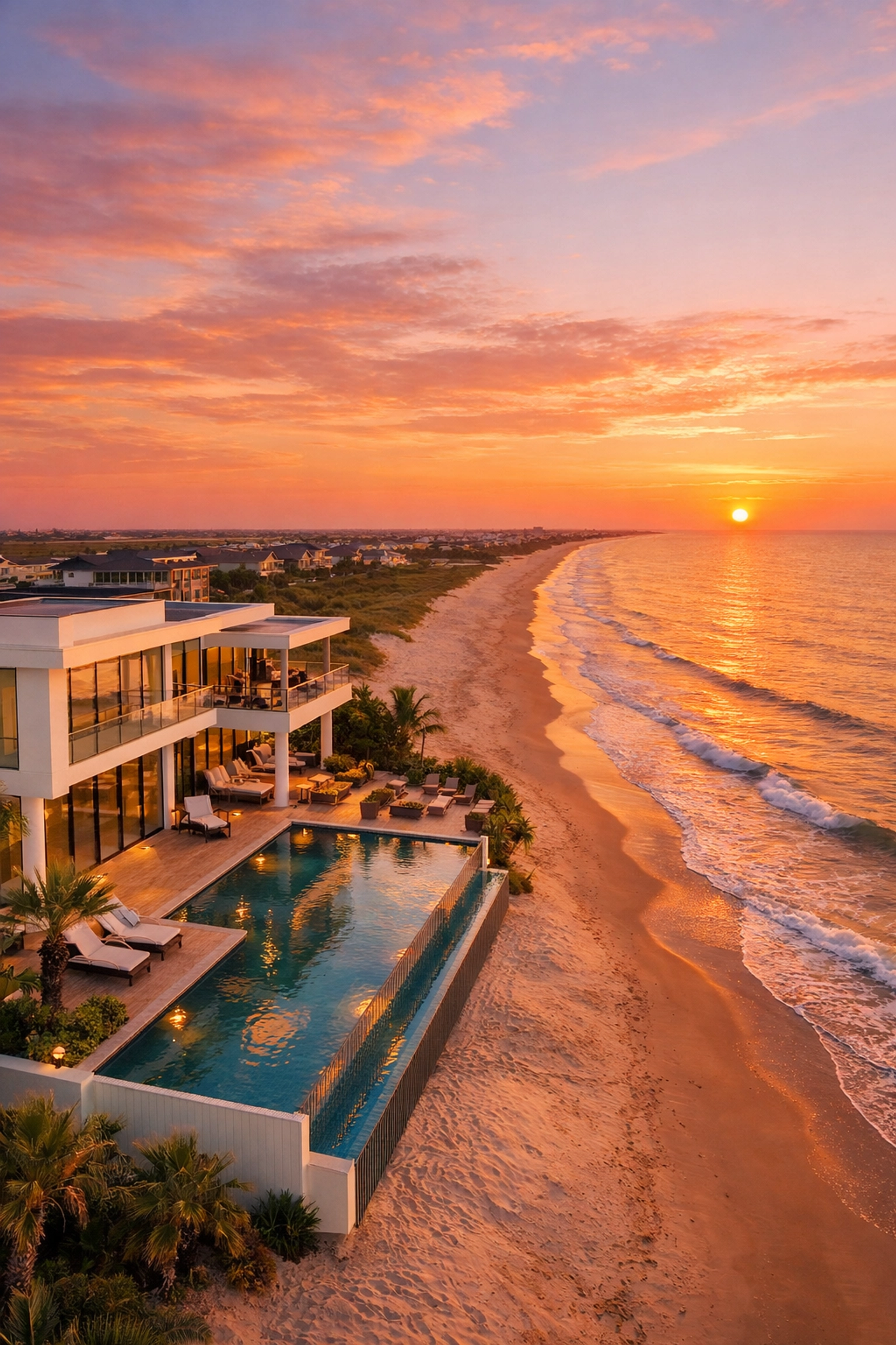 Luxury beachfront vacation rental on Bolivar Peninsula with infinity pool at sunset