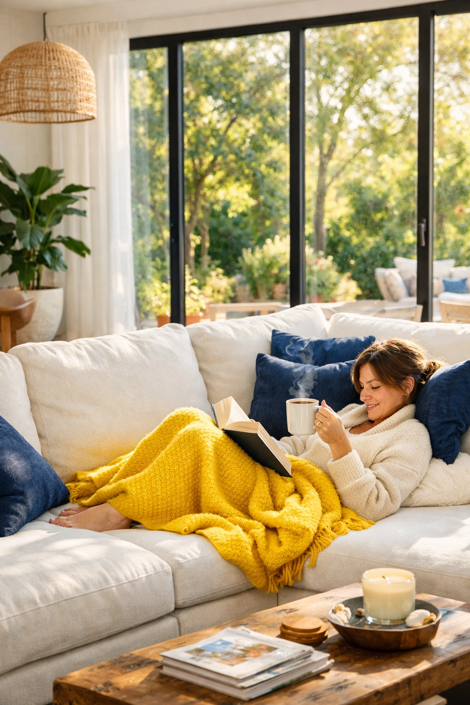 Relaxing in a sun-drenched, professionally cleaned living room on a free weekend morning.