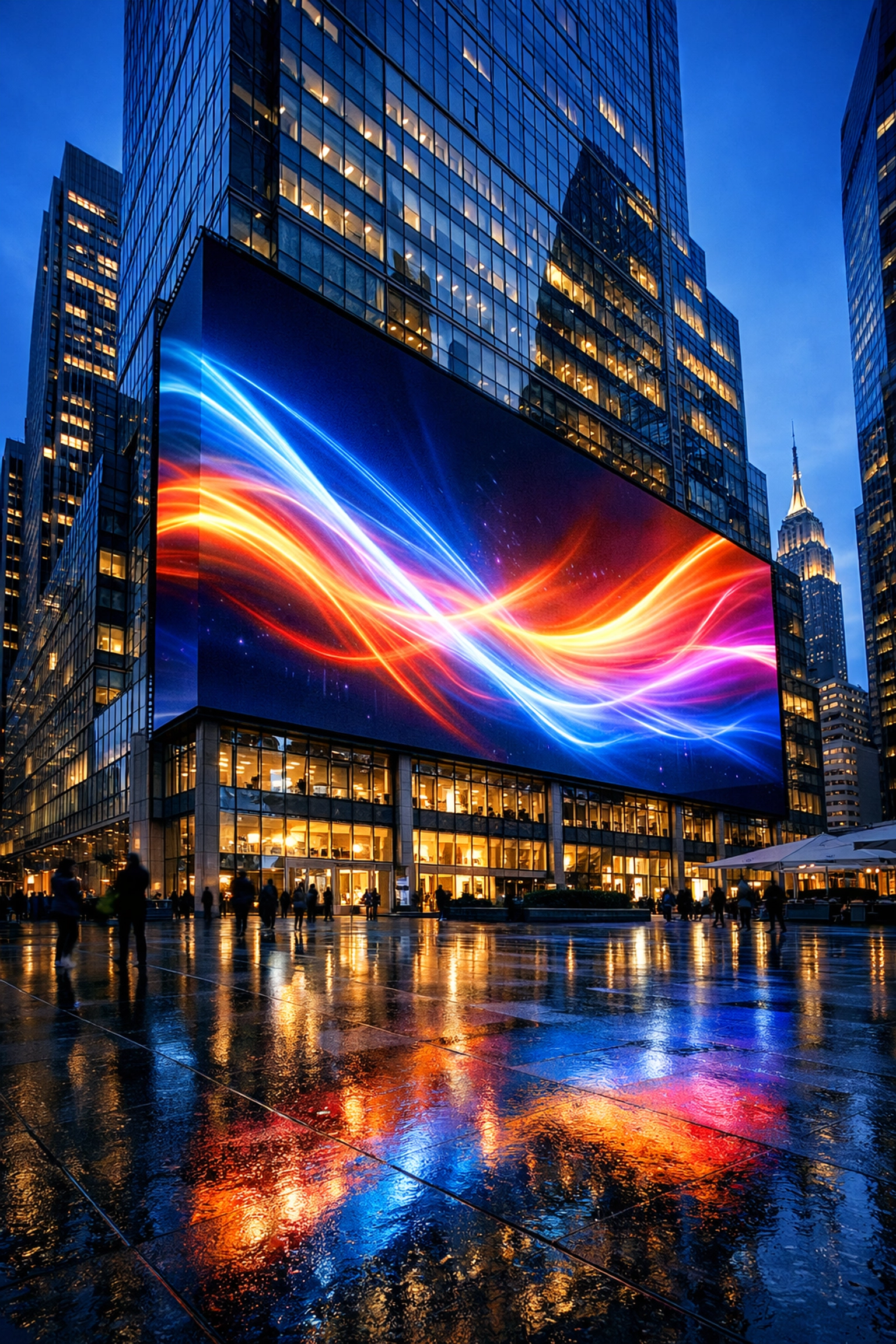 High-impact digital billboard on a New York City skyscraper showing real-time DOOH advertising insights.