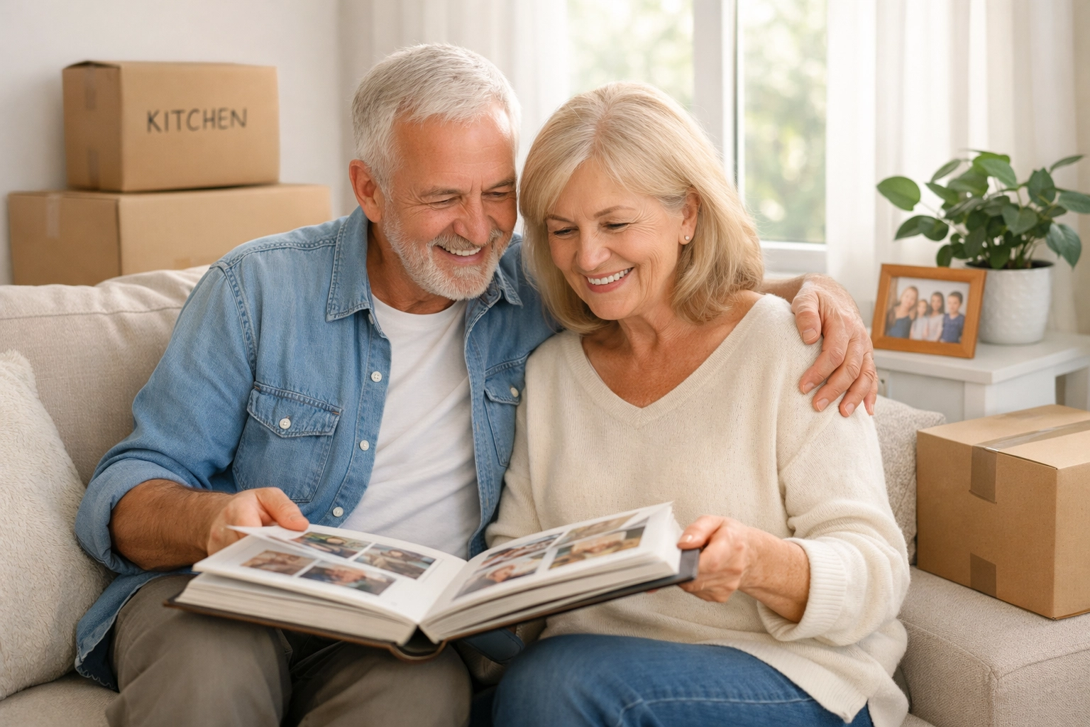 Couple over 60 planning their downsizing move with moving boxes and family photos