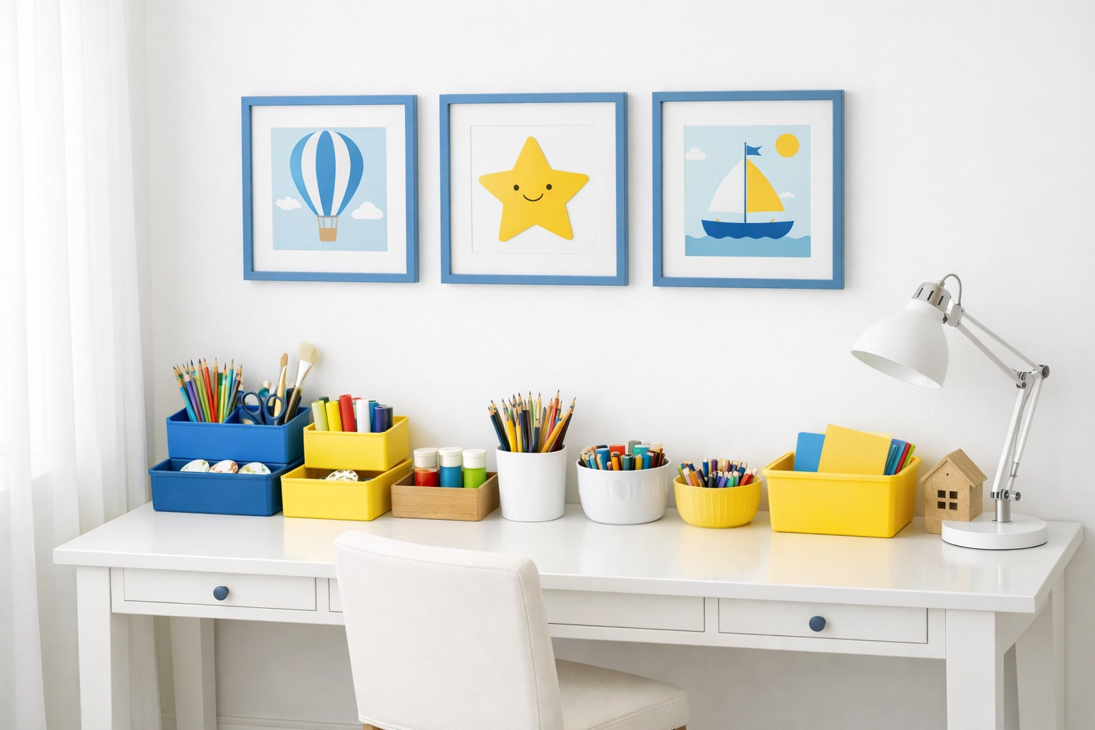 An organized kids' playroom with clean walls and storage bins to prevent future crayon messes.