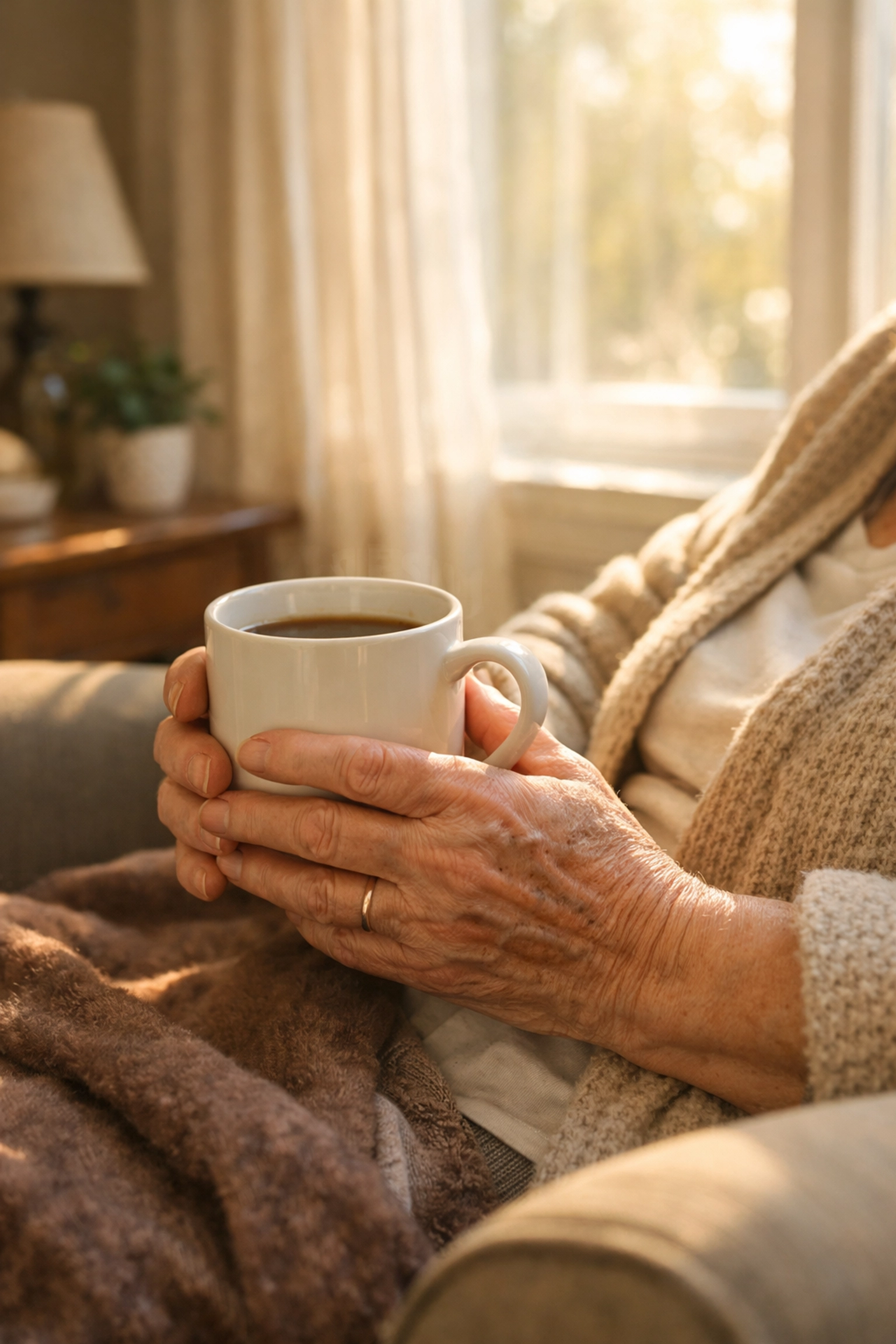 Senior woman enjoying coffee at home demonstrating independent living comfort
