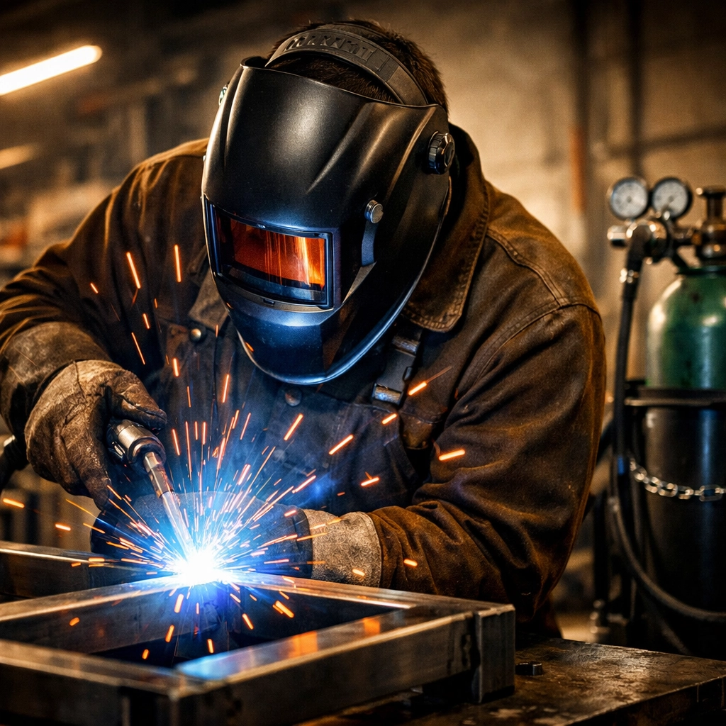 A welder using a MIG welding gas cylinder for professional metal fabrication in a workshop.