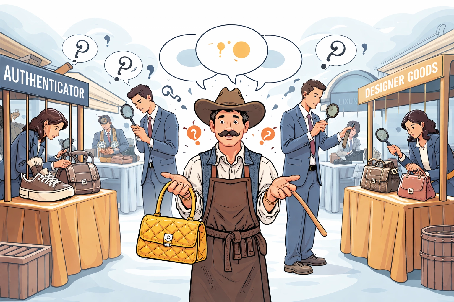 Confused pawn shop owner navigating the chaotic luxury authentication market with uncertain authenticators