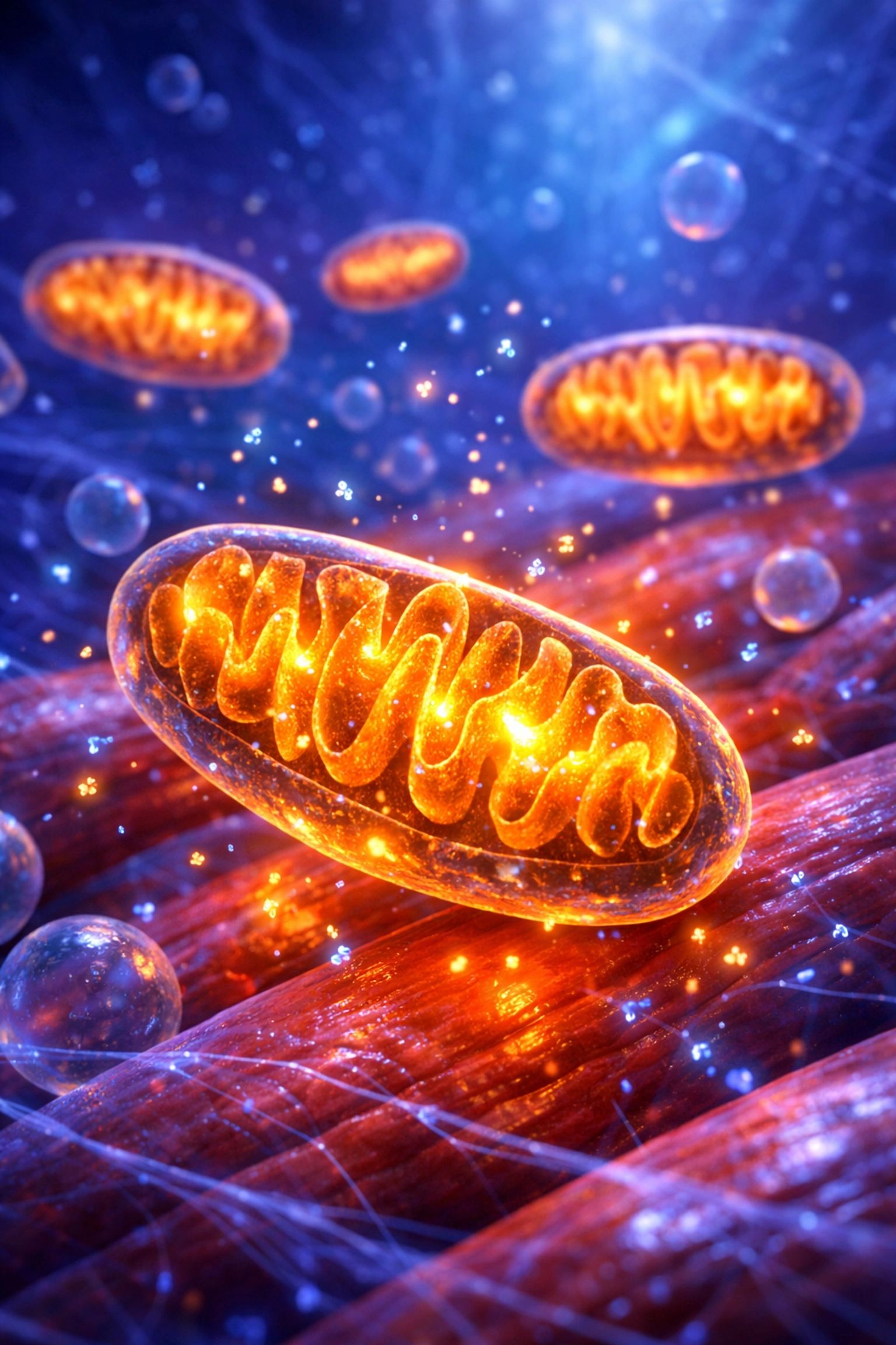 Glowing mitochondria in a muscle cell showing enhanced cellular energy from aerobic conditioning.