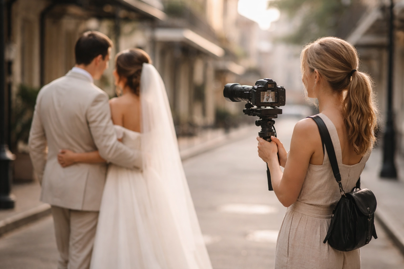 Female wedding videographer filming a bride and groom (opposite-sex couple) in New Orleans, Louisiana in a clean, cinematic style.