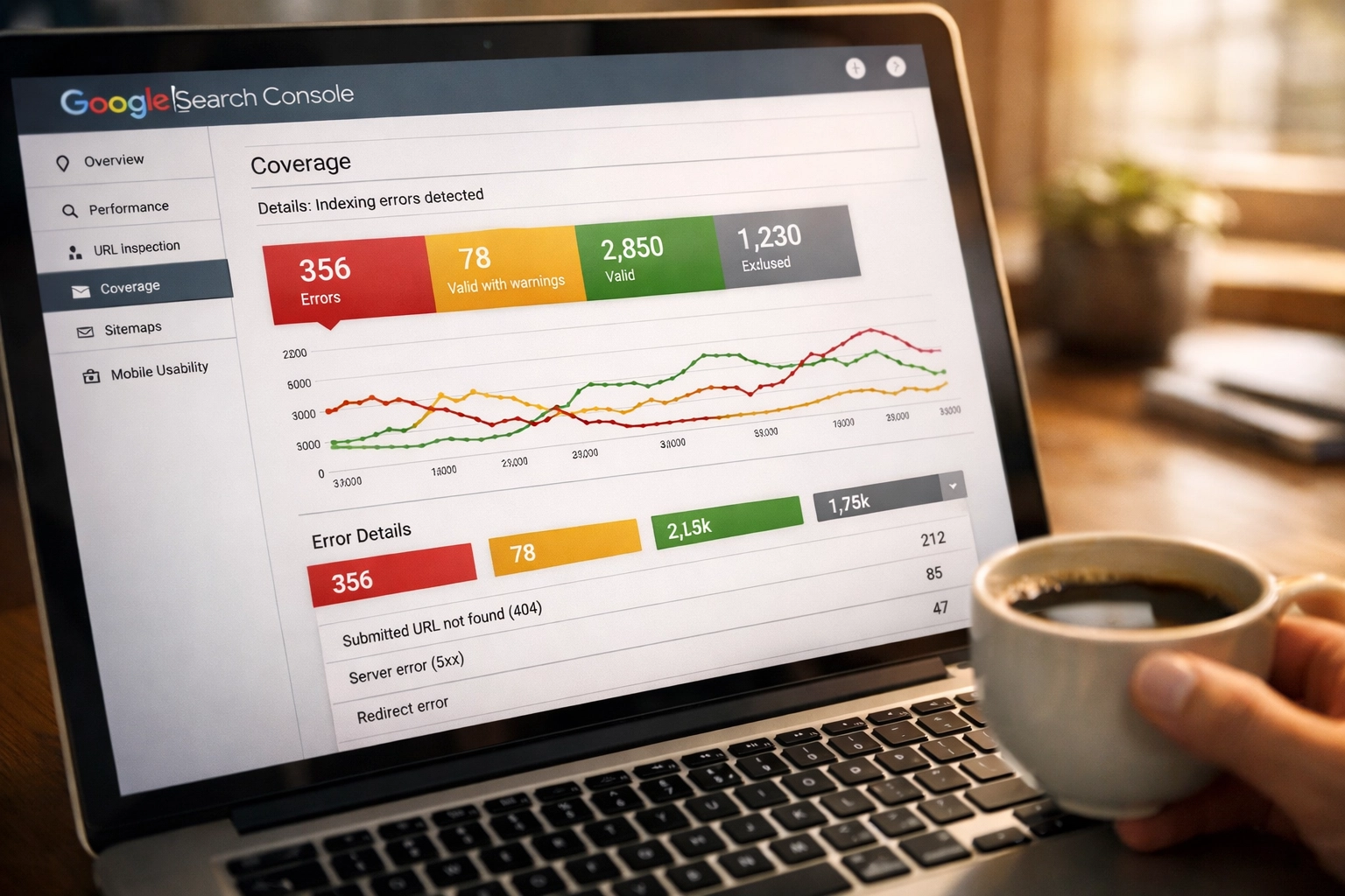 Interface Google Search Console montrant l'analyse des pages orphelines