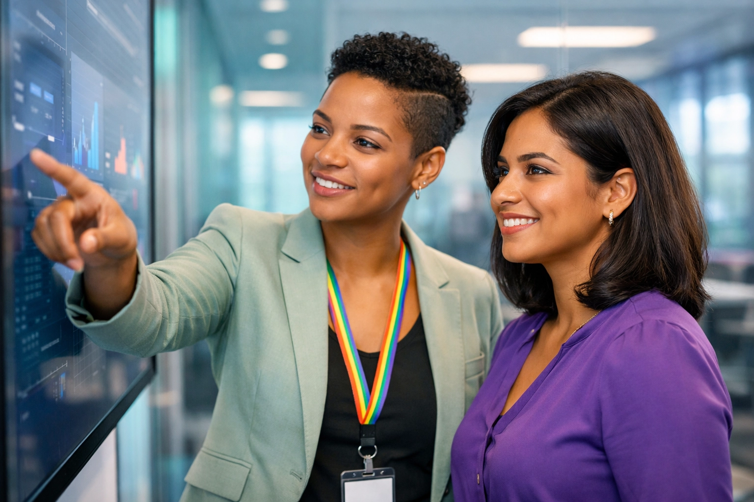Professional LGBTQ+ women collaborating in an inclusive office, embodying queer leadership at work.