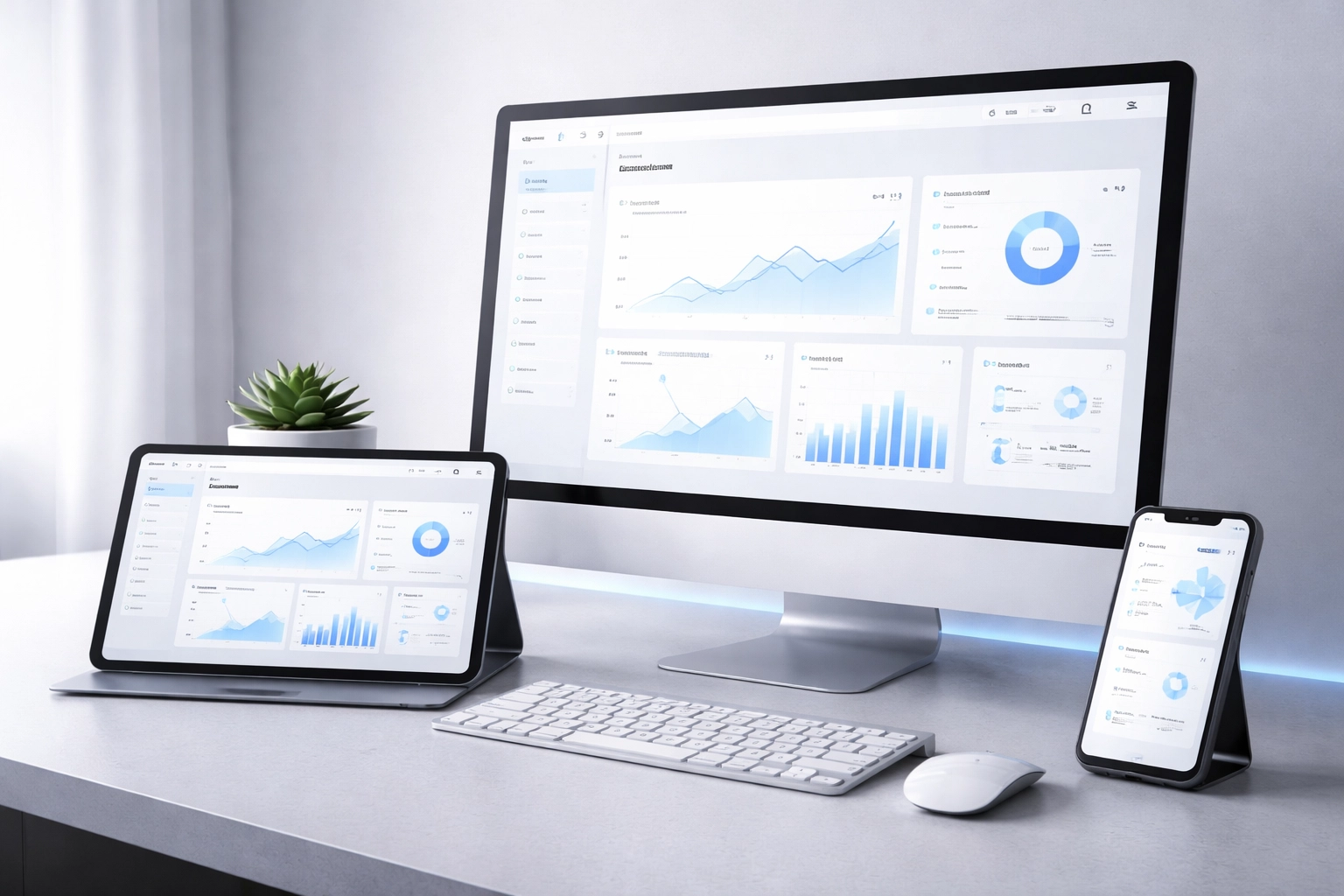 Modern workspace with multiple devices showing dashboards, symbolizing integrated AI solutions for trades.