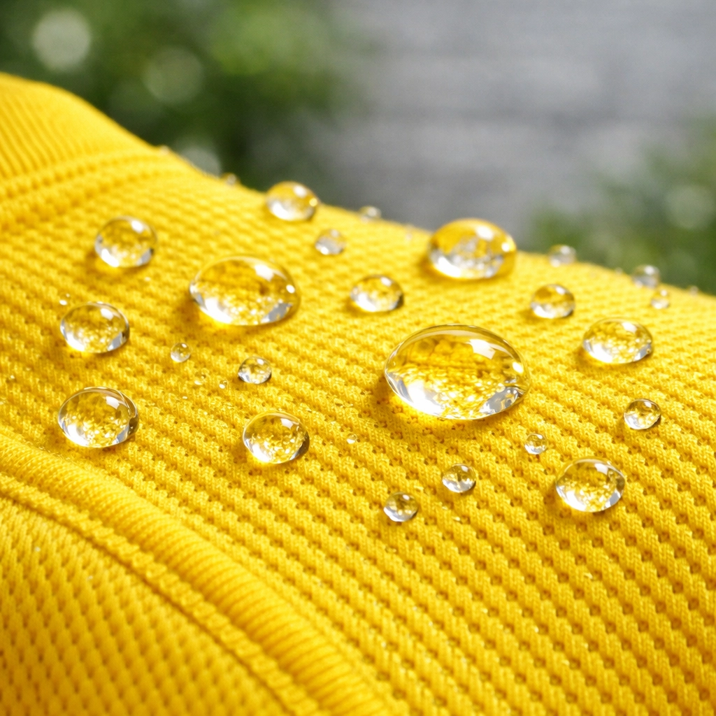 Detail of moisture-wicking fabric on yellow custom t shirts for outdoor workers.