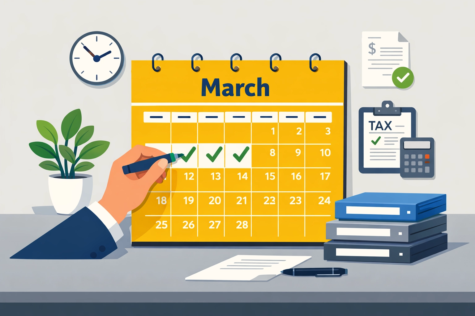Illustration of an organized workspace and a calendar marked early for proactive tax preparation planning.
