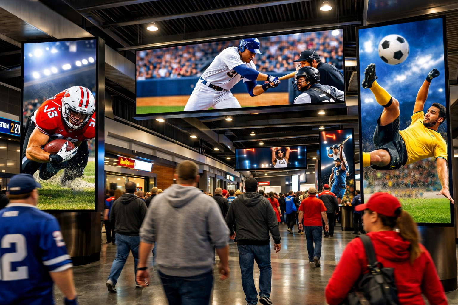 Large digital banners and screens displaying sports action in a modern stadium concourse.