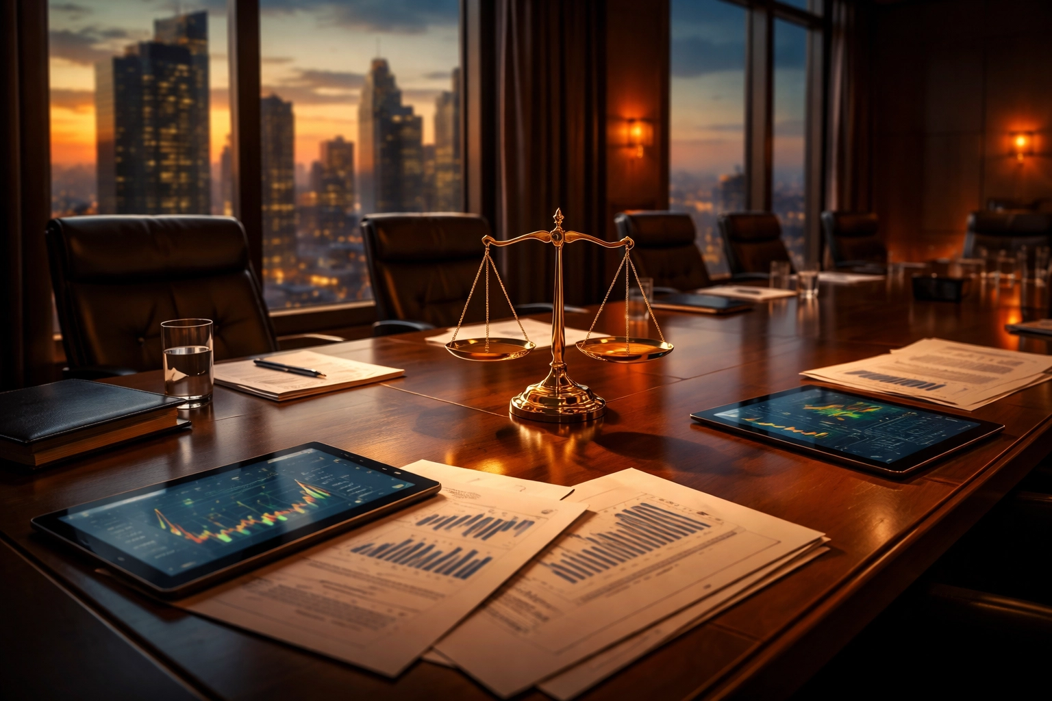 Boardroom scene with financial documents and city skyline highlighting private equity decision-making in 2026