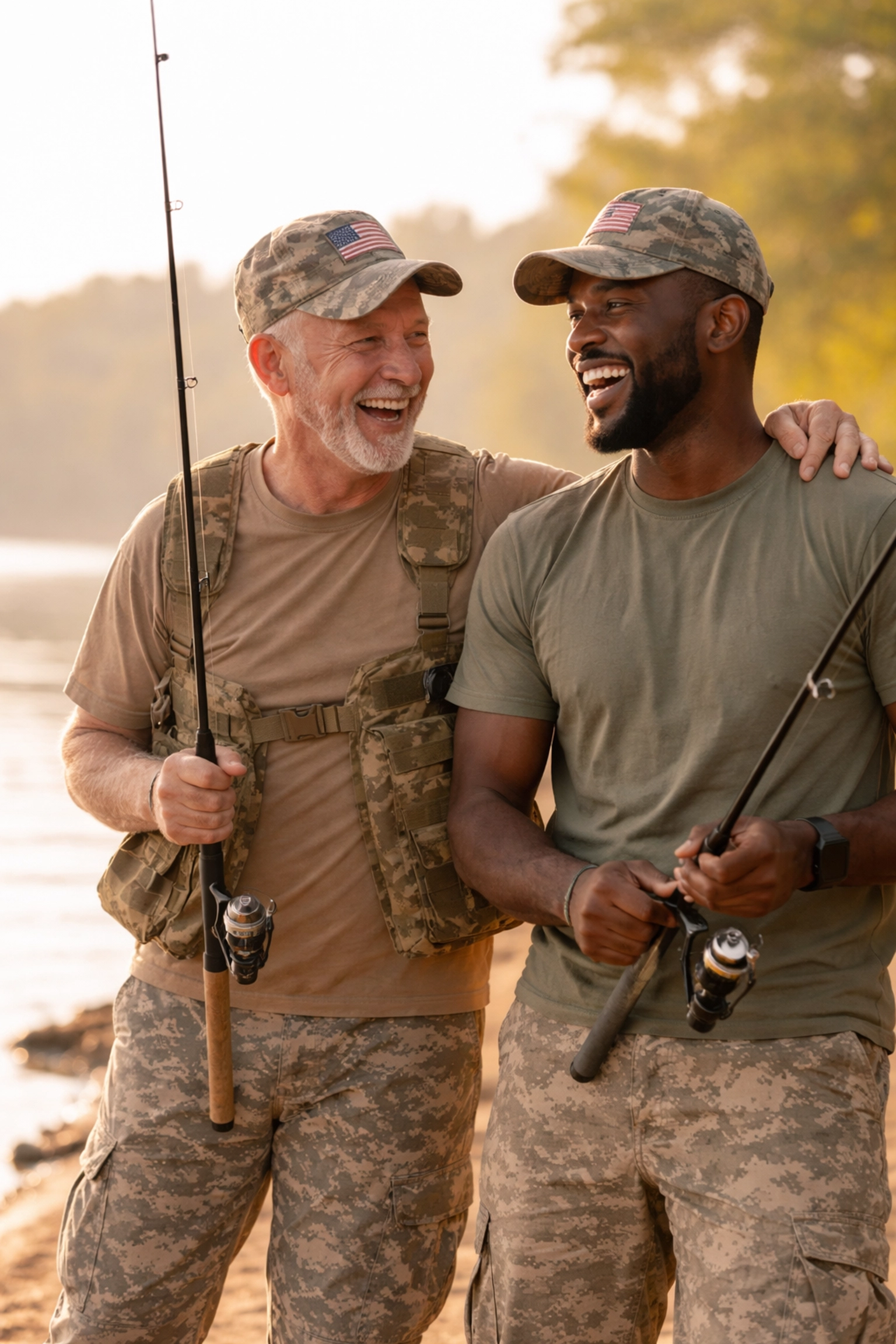 Two veterans of different ages fishing and laughing together, enjoying leisure time and camaraderie.