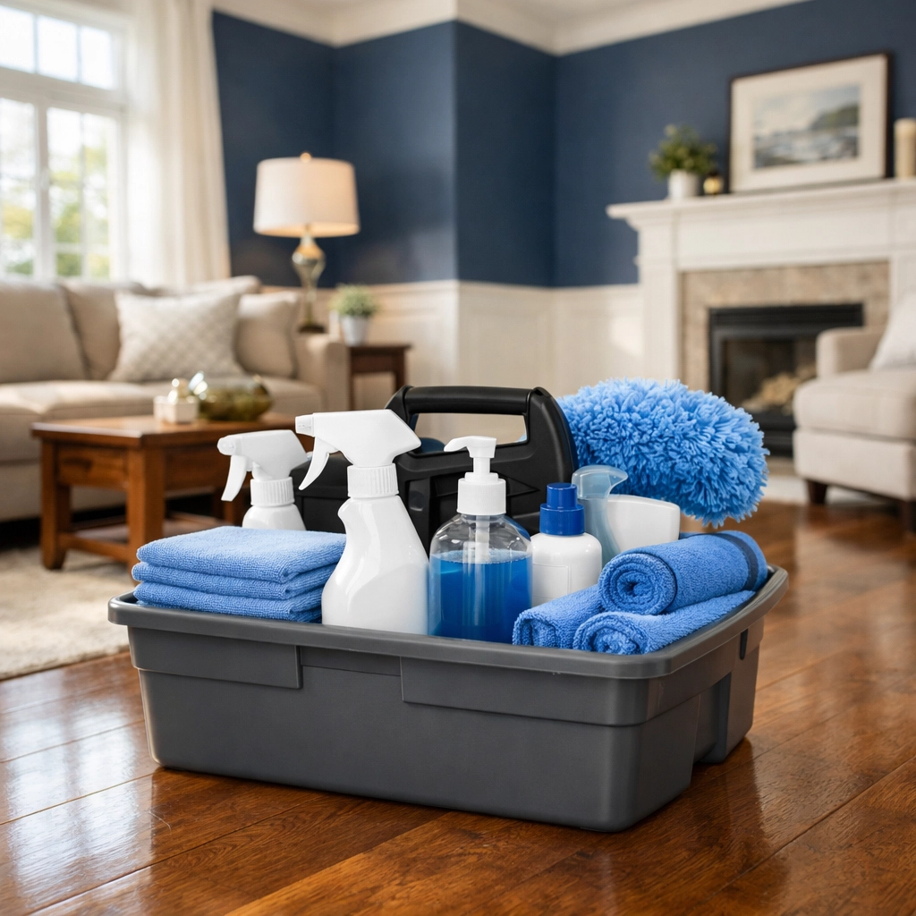 Professional house cleaning Lowell MA service caddy on a polished hardwood floor in a bright living room.
