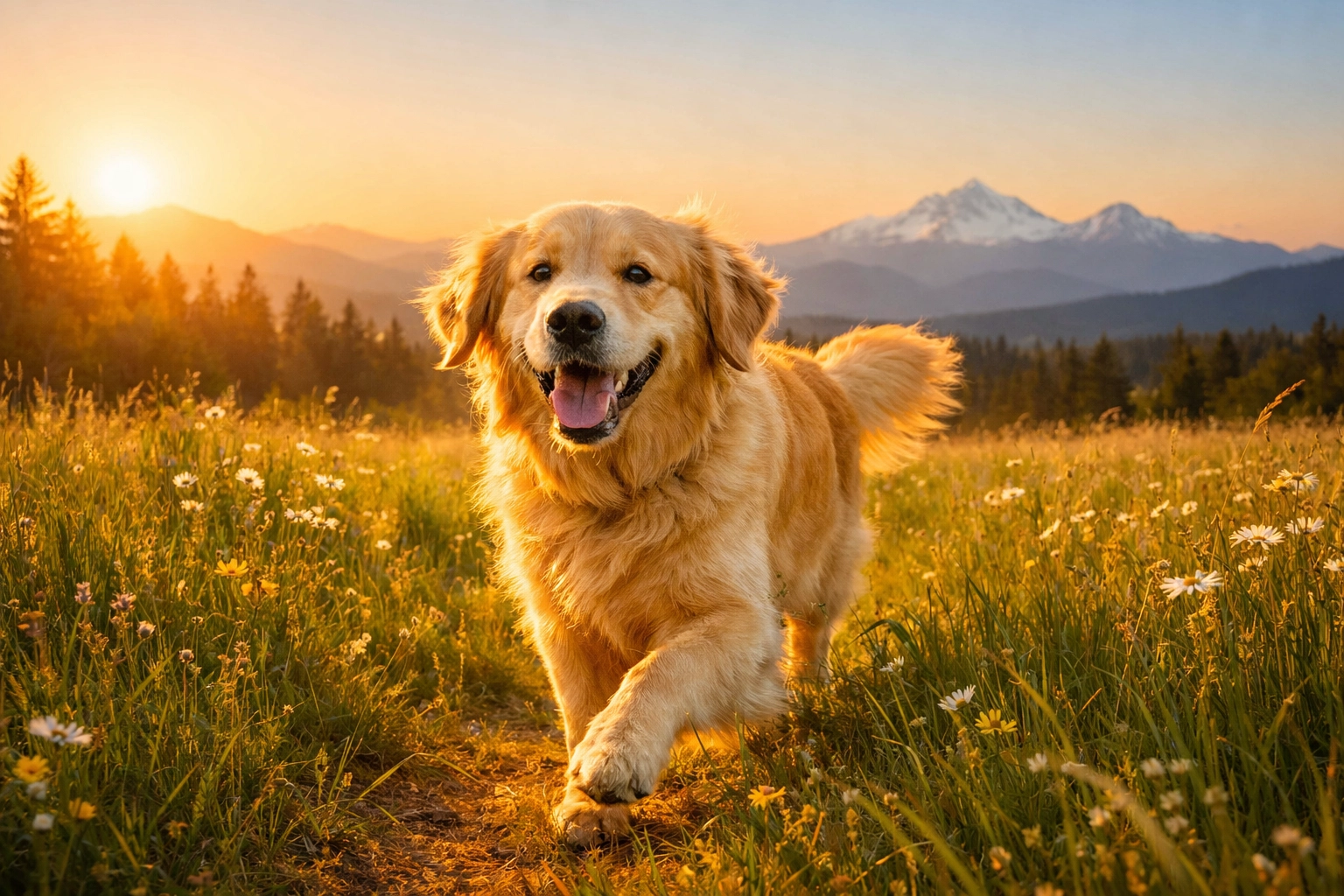A happy Golden Retriever in an Oregon meadow, the result of therapy dog training in Portland.