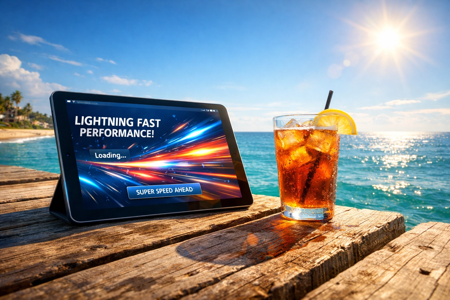 A fast-loading, mobile-optimized business website shown on a tablet at Venice Beach, Florida.