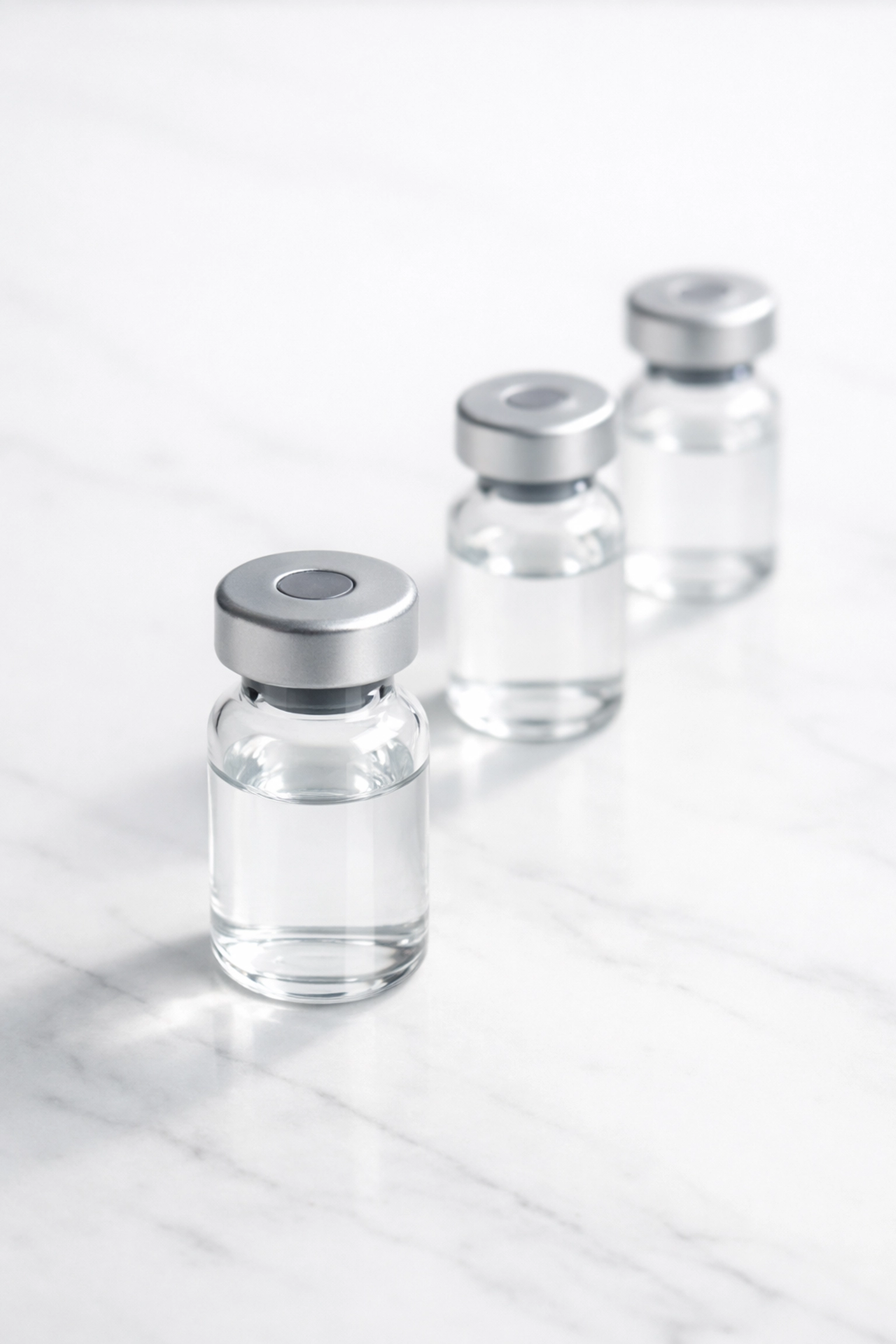 Clinical research vials on marble surface for metabolic health and growth hormone studies.