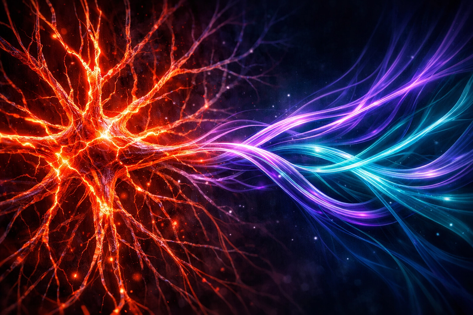 Neural pathways transforming from stressed red bolts into calm violet rivers for nervous system regulation.
