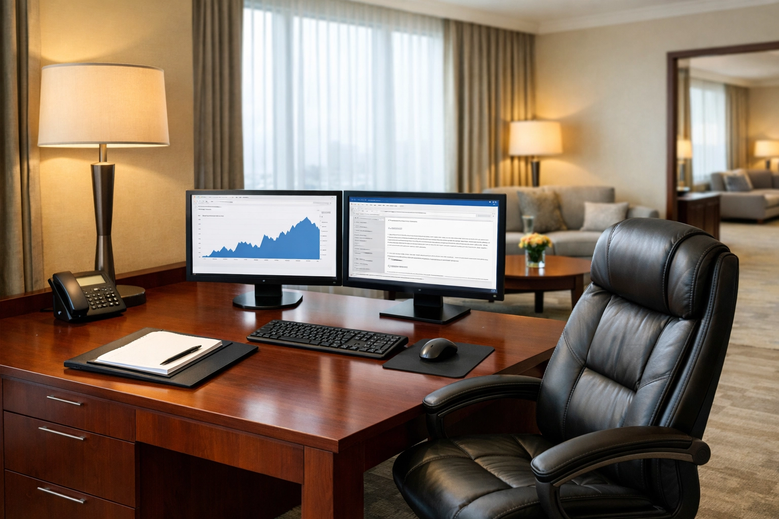 Executive hotel suite workspace with dual monitors for productive business travel