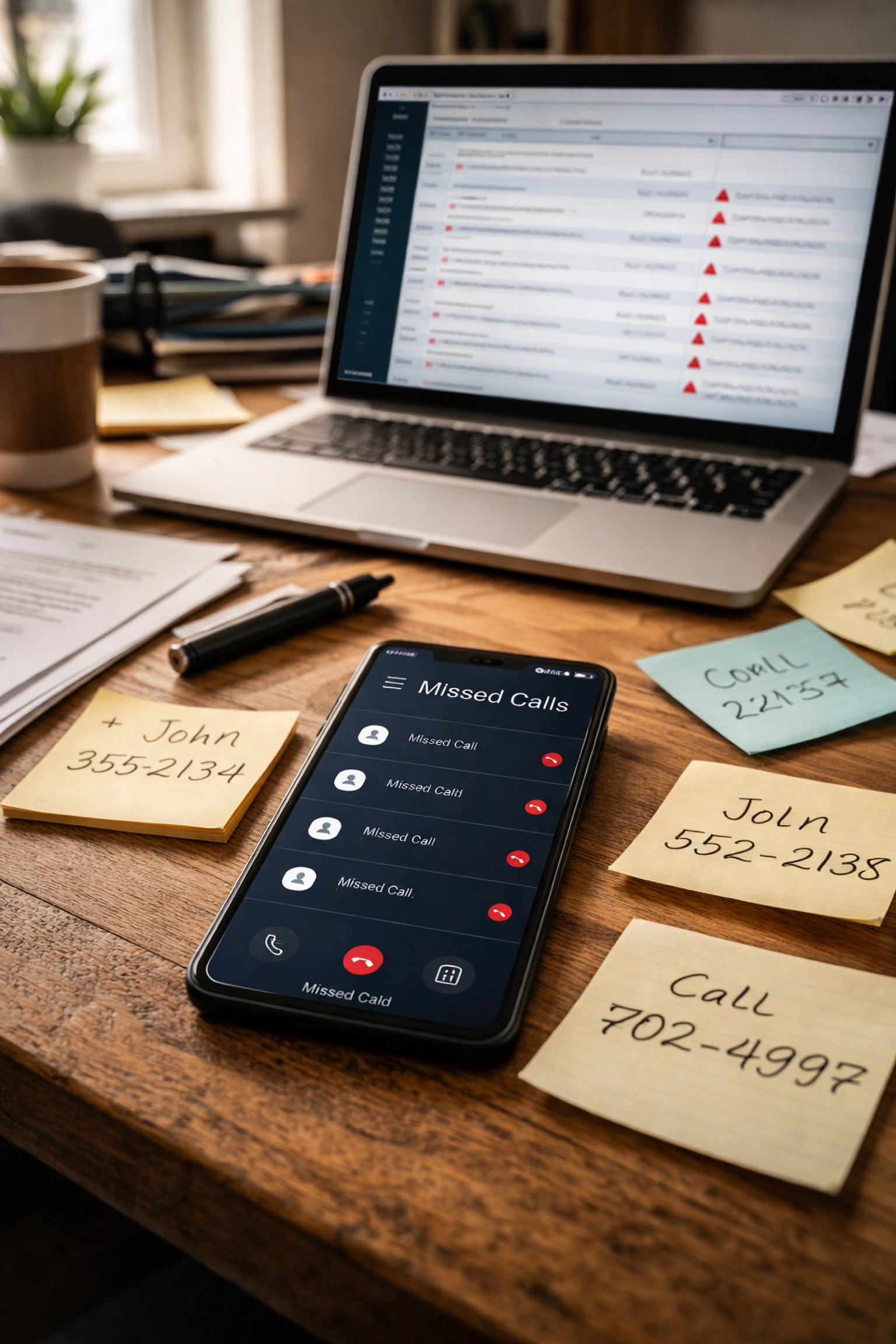 Contractor office desk showing missed calls, CRM alerts, and sticky notes, highlighting lost leads and workflow issues.