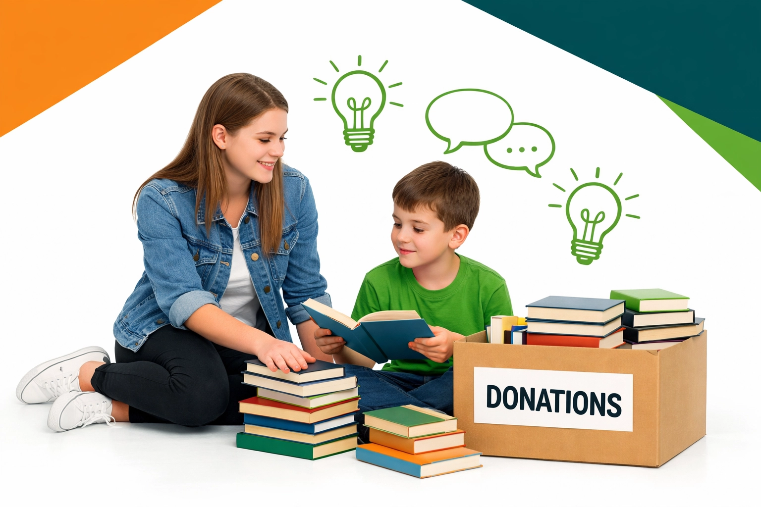 A teen girl mentoring a younger boy while sorting donated books, practicing Christian life skills for kids.