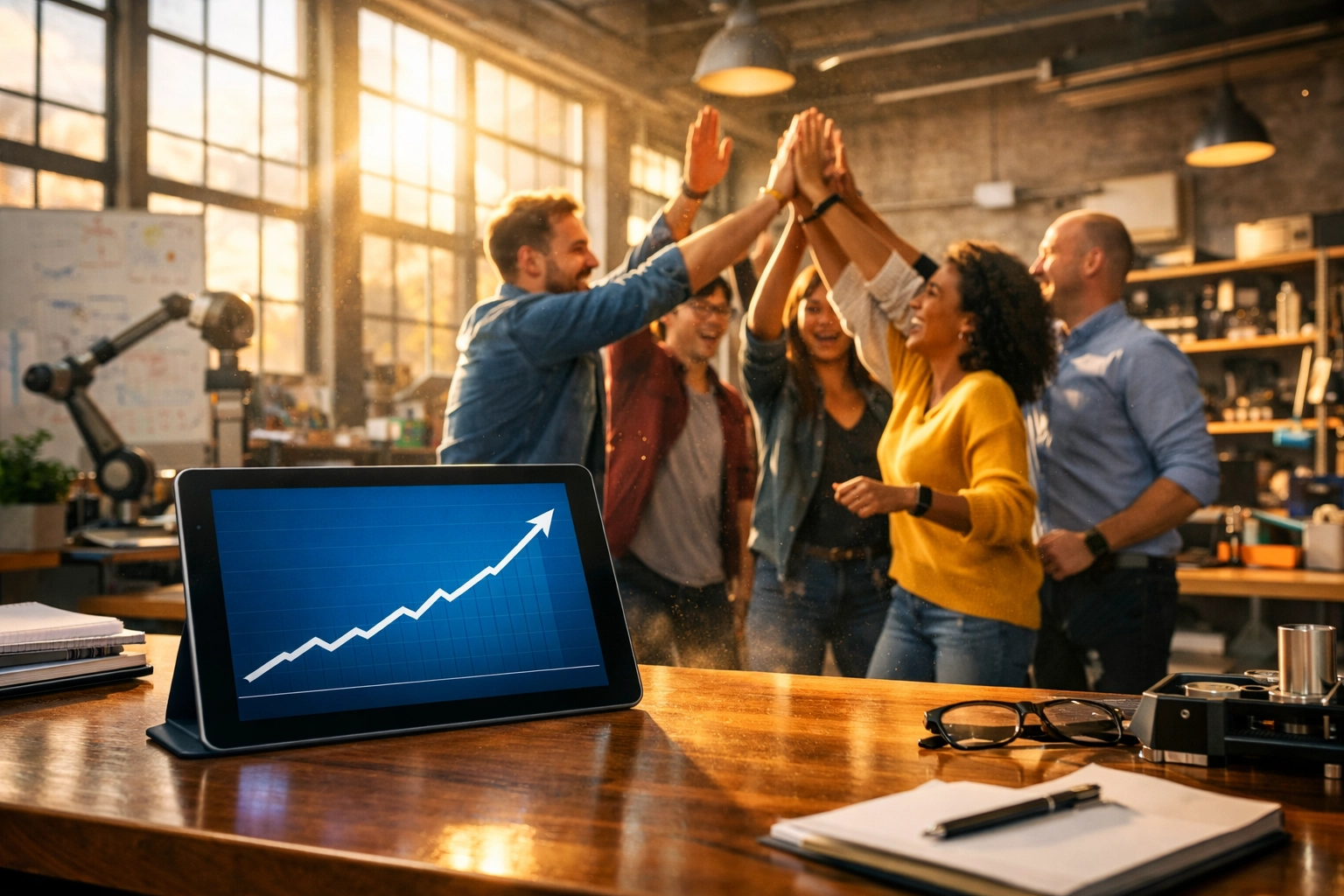 Diverse business team celebrating financial success and growth trends with stable working capital.