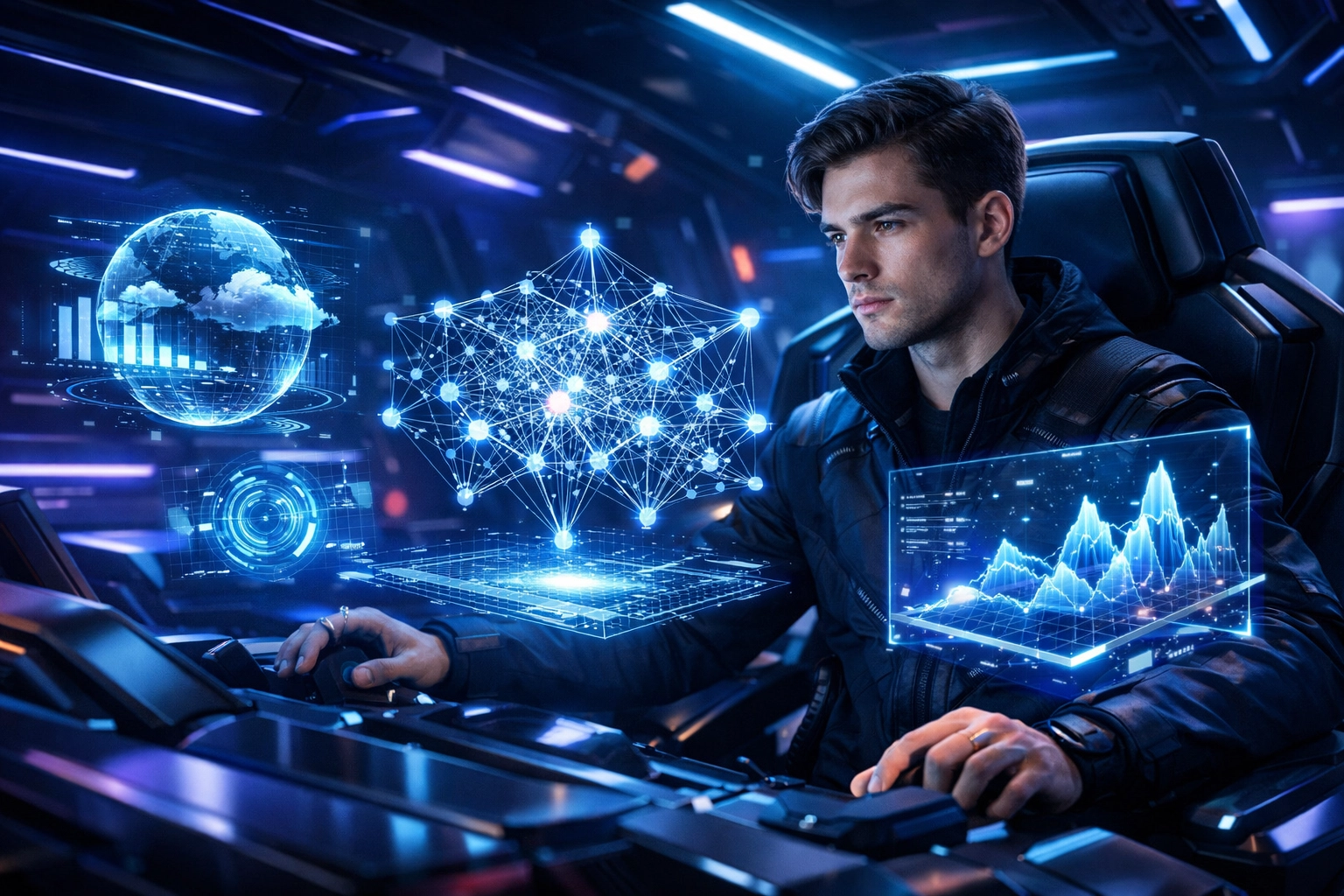 Gen Z professional in a high-tech esports pod mastering Cloud-AI literacy through immersive data interfaces.