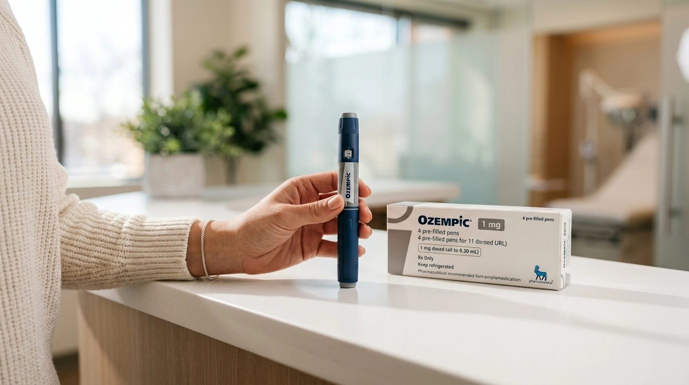 Premium minimalist lifestyle photo of a GLP-1 injector pen beside prescription packaging on a clean countertop