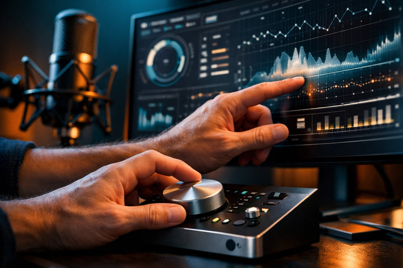 A professional creator managing digital assets and data analytics at a high-tech studio workstation.