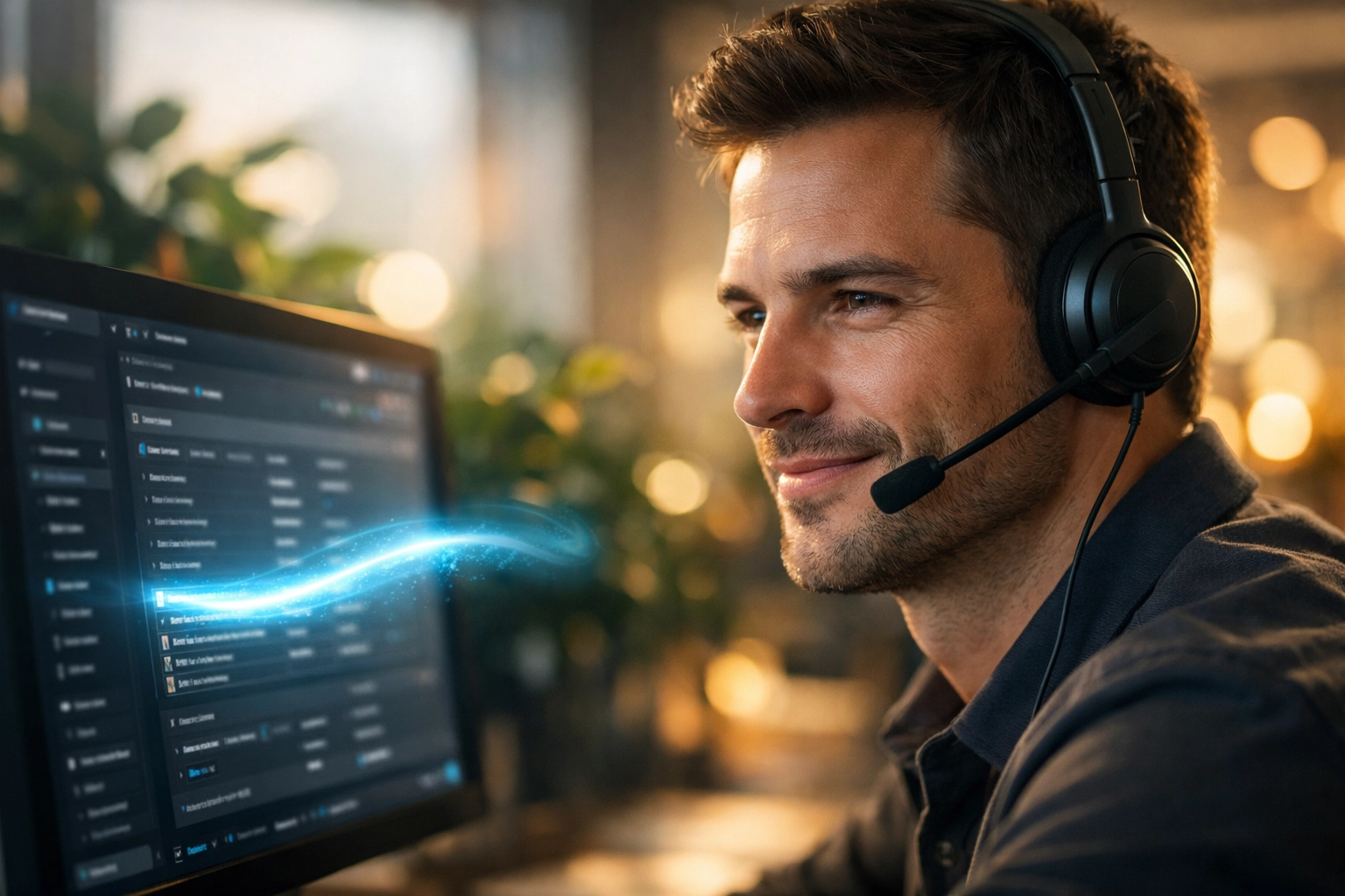 A customer support agent using AI co-pilot software to quickly find technical data and lower handle times.