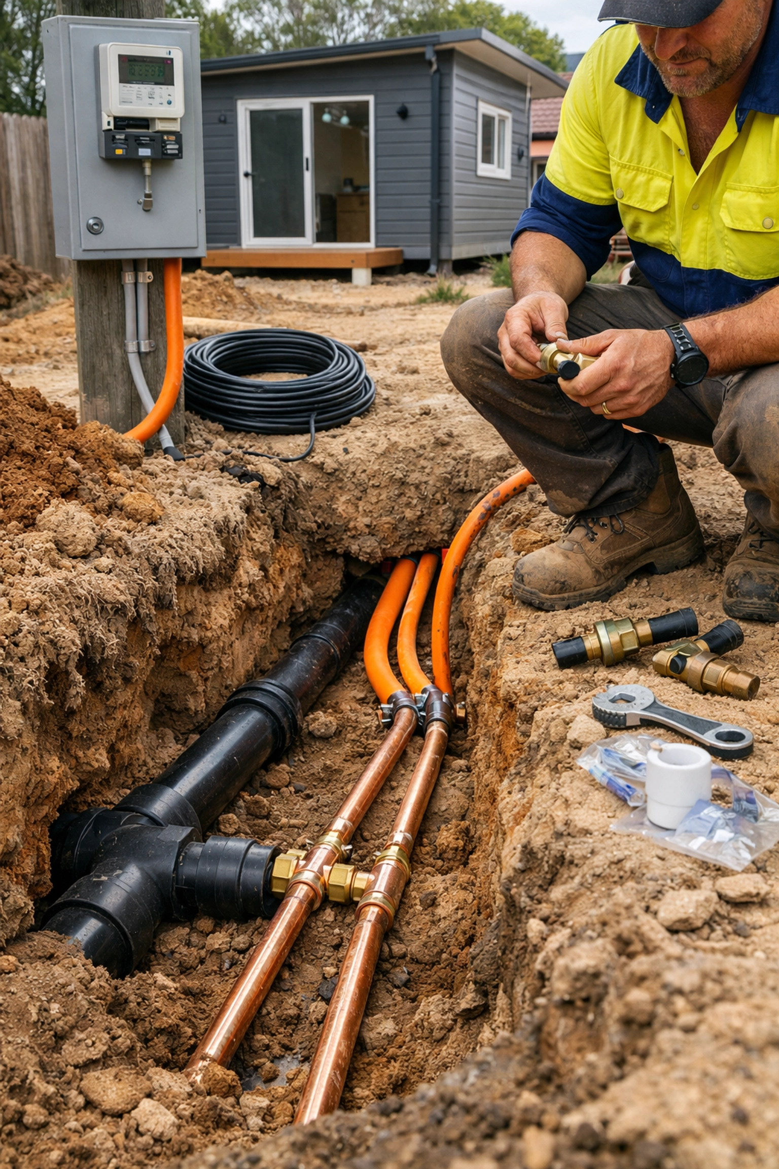 Plumber installing water, sewer and electrical connections for new granny flat construction