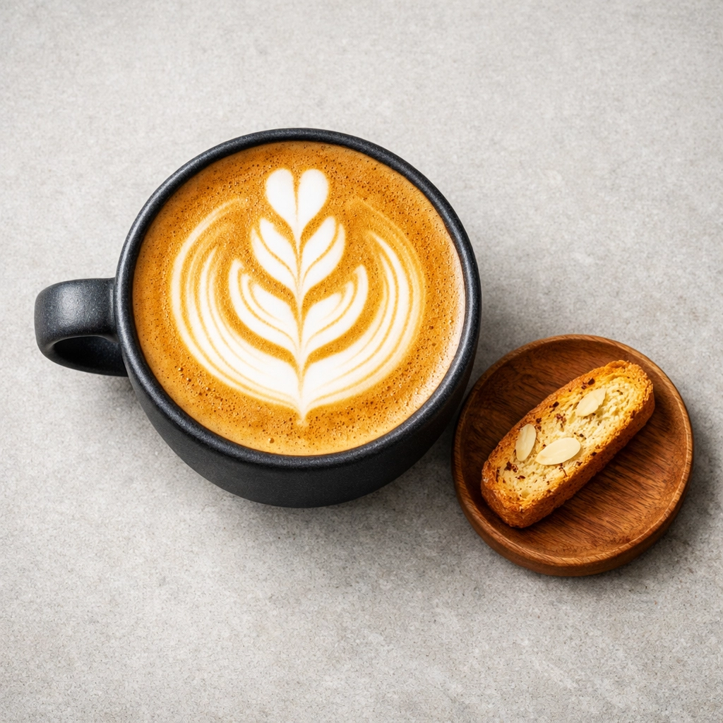 Top-down view of a flat white with tulip latte art, showcasing premium wholesale specialty coffee quality.