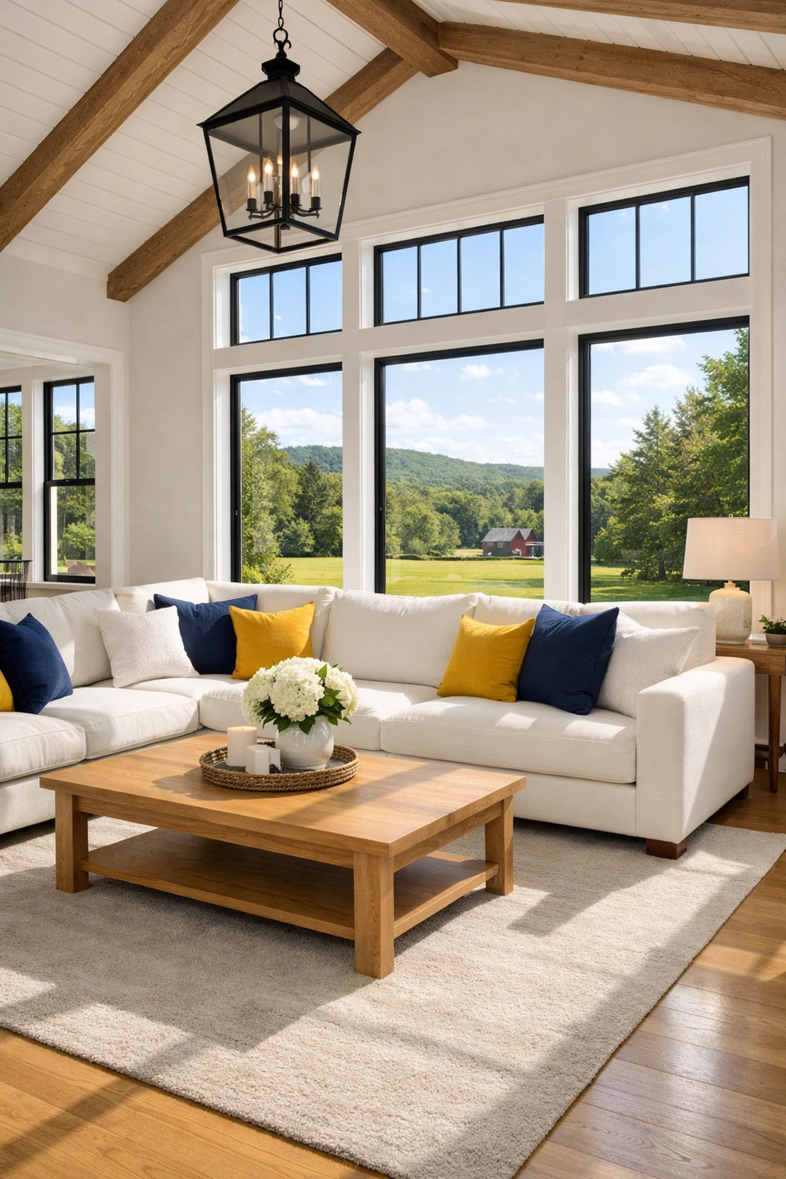 Clean modern farmhouse living room in Brookfield MA showing results of professional cleaners Brookfield MA.